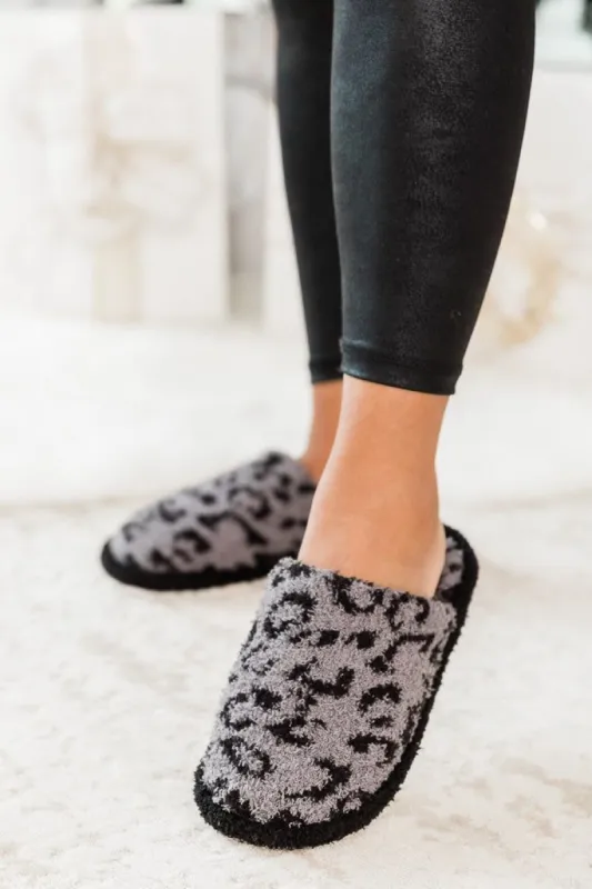 All The Snuggles Dark Grey Leopard Print Slippers sold by Pink Lily