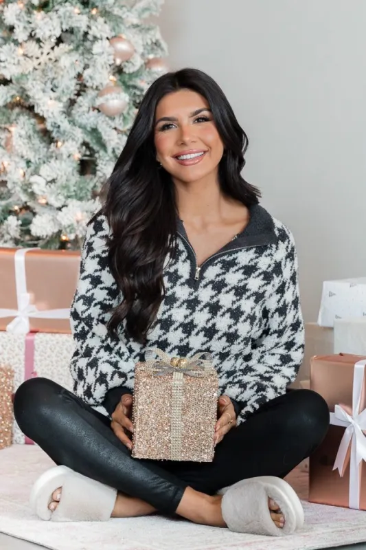 All Cozied Up Fuzzy Black and Ivory Houndstooth Quarter Zip Pullover sold by Pink Lily