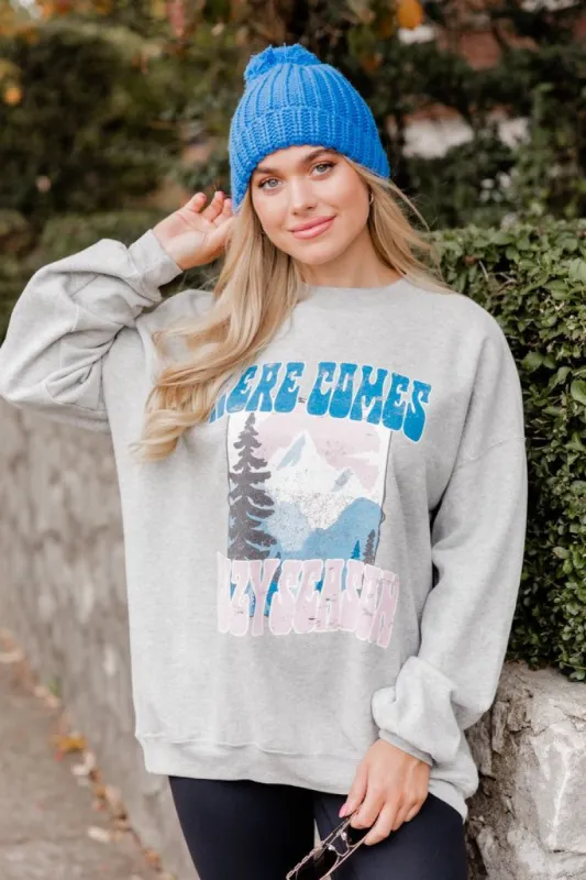 Here Comes Cozy Season Grey Oversized Graphic Sweatshirt sold by Pink Lily