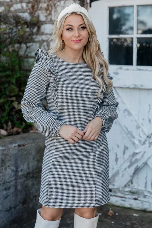 Houndstooth Ruffle Trim Long Sleeve Mini Dress sold by Pink Lily
