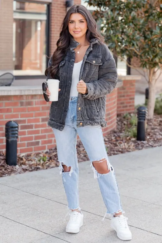 Take The Long Way Brown Acid Wash Quilted Jacket sold by Pink Lily