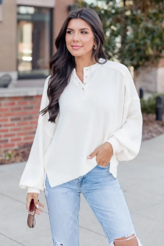 Made For This Cream Henley Textured Long Sleeve Top made by Pink Lily