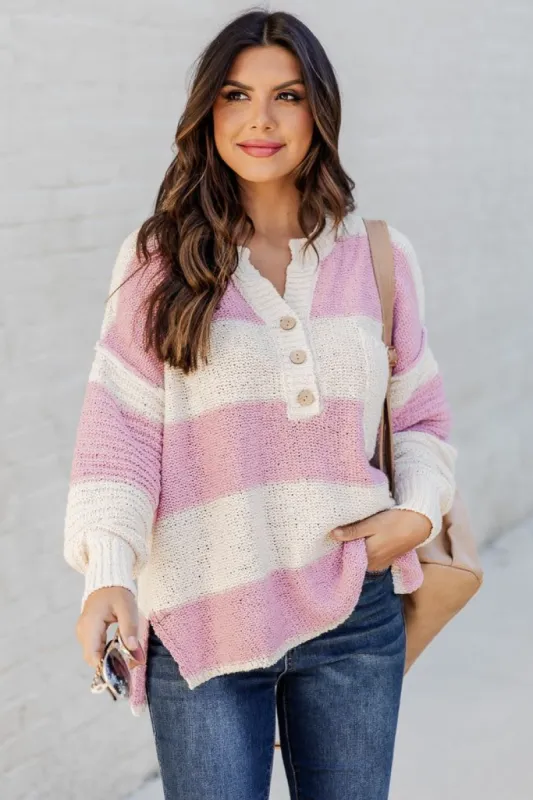 Know You Best Mauve Oversized Striped Henley Sweater sold by Pink Lily