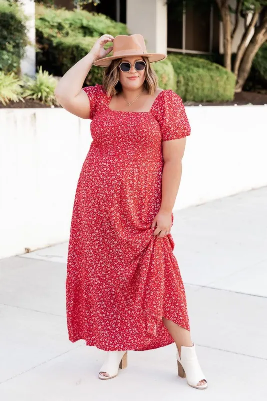 Lovely Little Tune Red Smocked Bust Floral Maxi Dress sold by Pink Lily