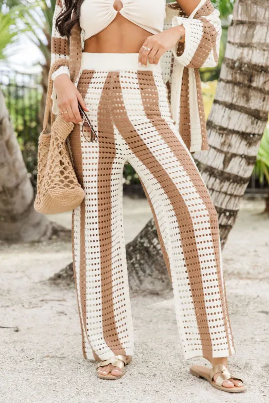 In Your Thoughts Brown and Ivory Striped Open Knit Cover Up Pants SALE sold by Pink Lily