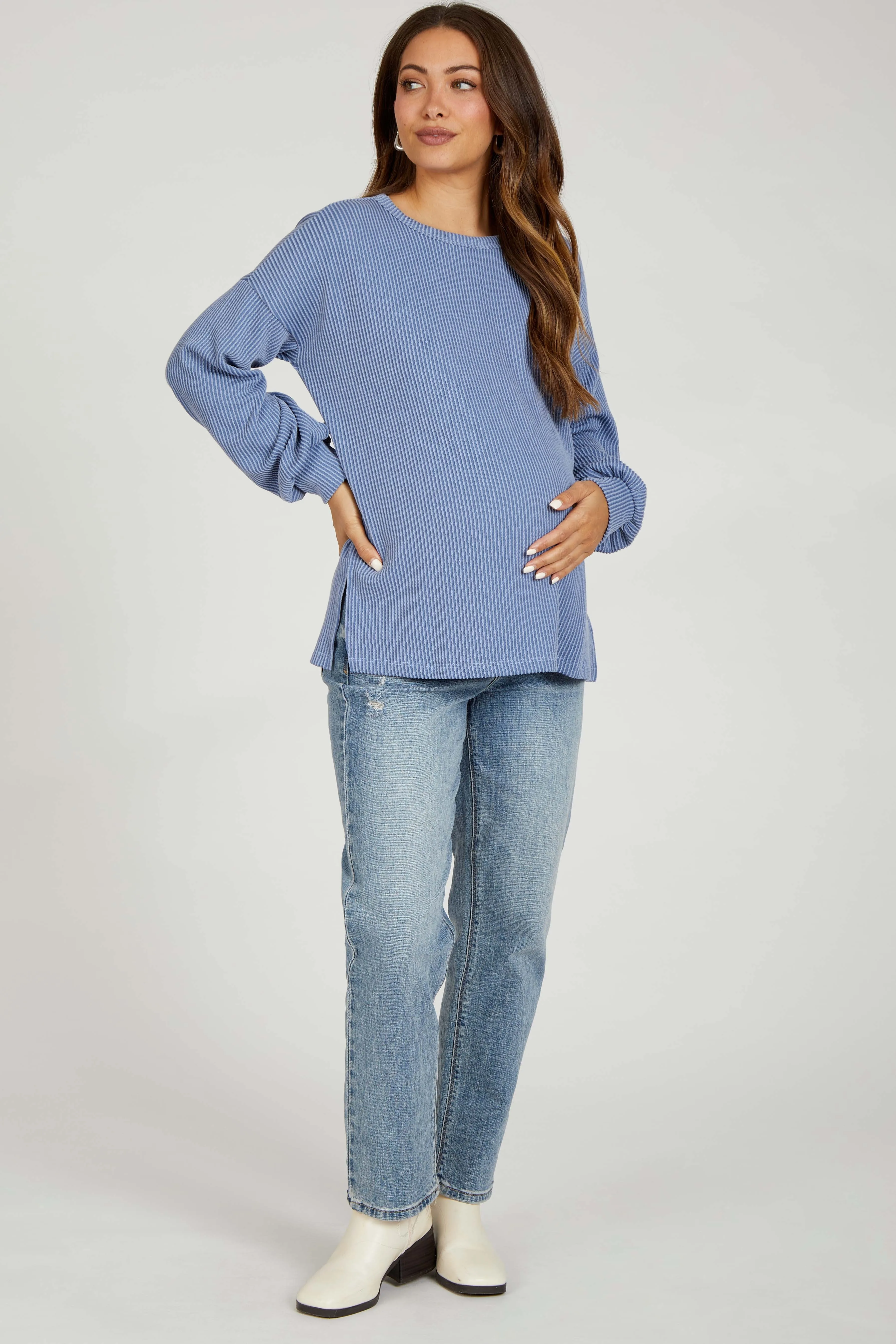Blue Ribbed Long Sleeve Maternity Top sold by Pinkblush product image thumbnail 4