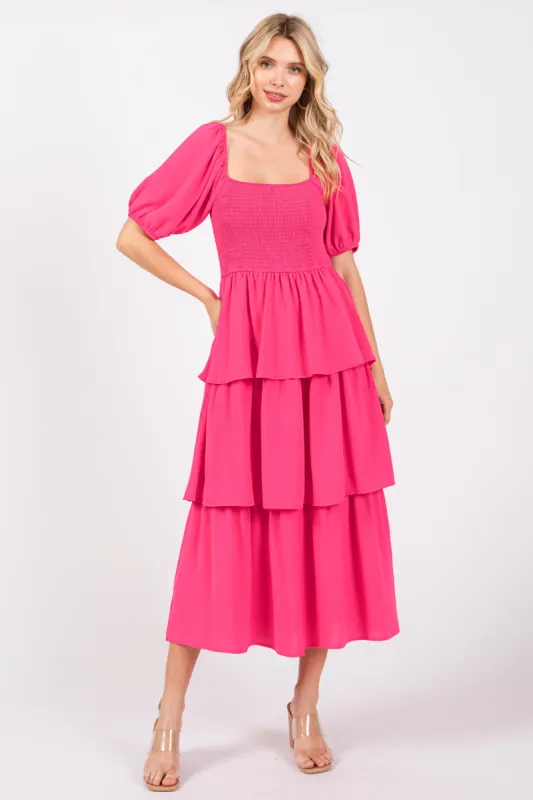 Fuchsia Smocked Body Ruffled Tiered Dress sold by Pinkblush