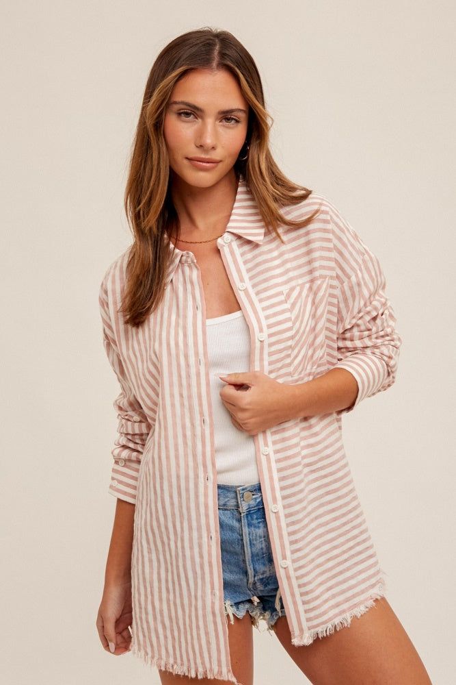 Mauve Loose Fit Striped Button Down Shirt sold by Pinkblush