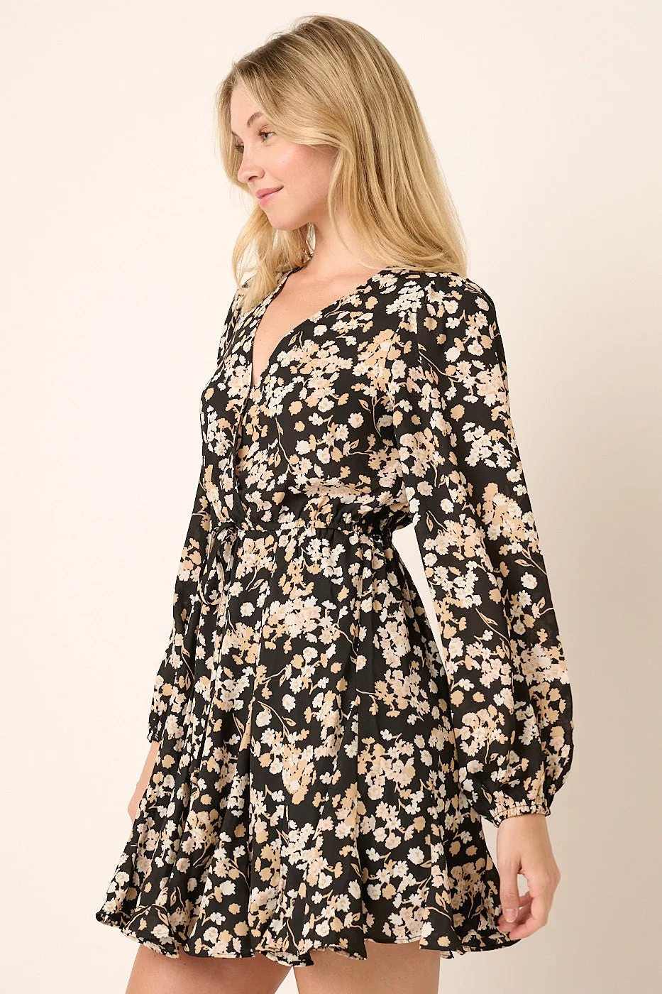 Black Flower Print Surplice Godet Detail Mini Dress sold by Pinkblush product image thumbnail 3