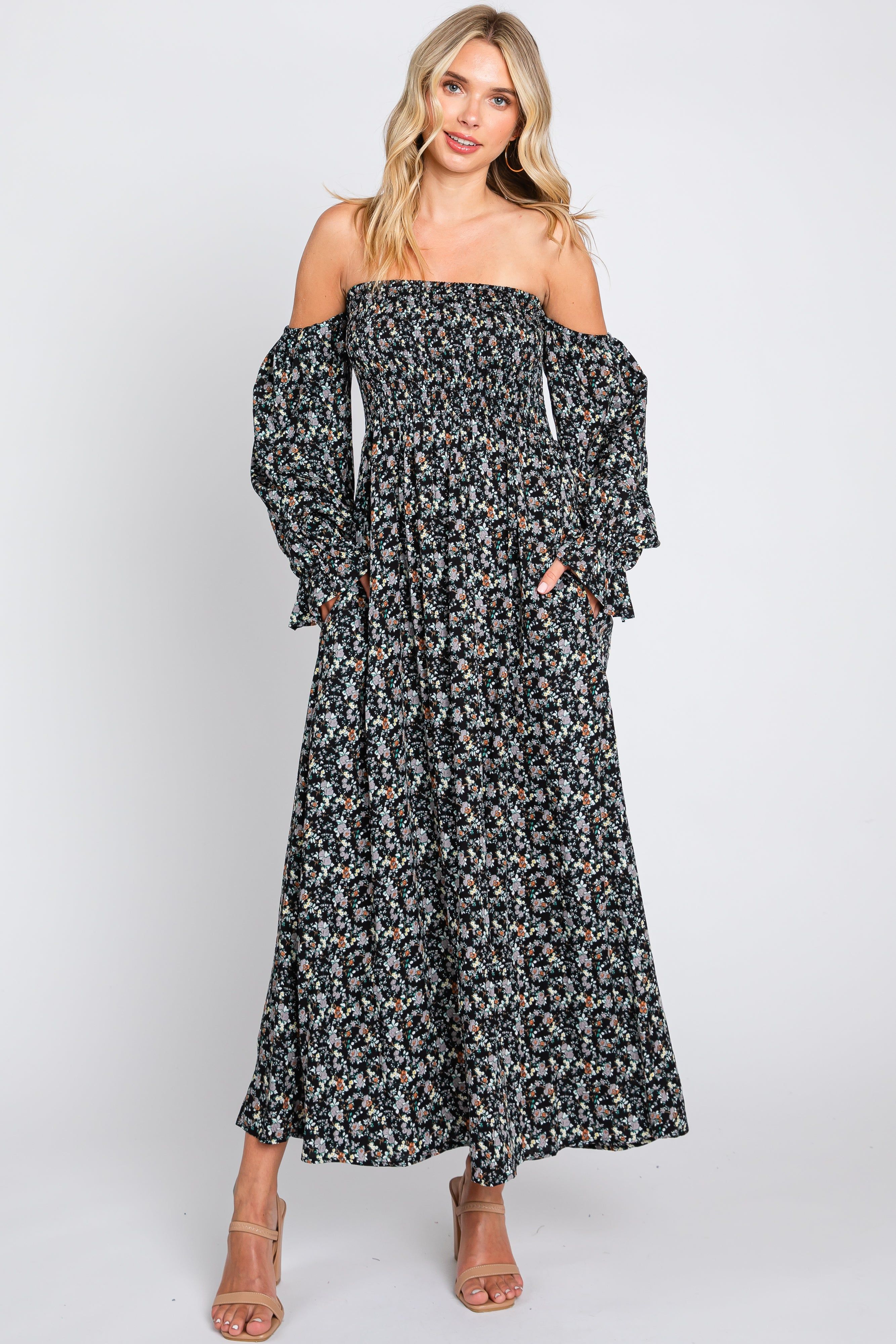Black Floral Square Neck Smocked Long Sleeve Maxi Dress sold by Pinkblush