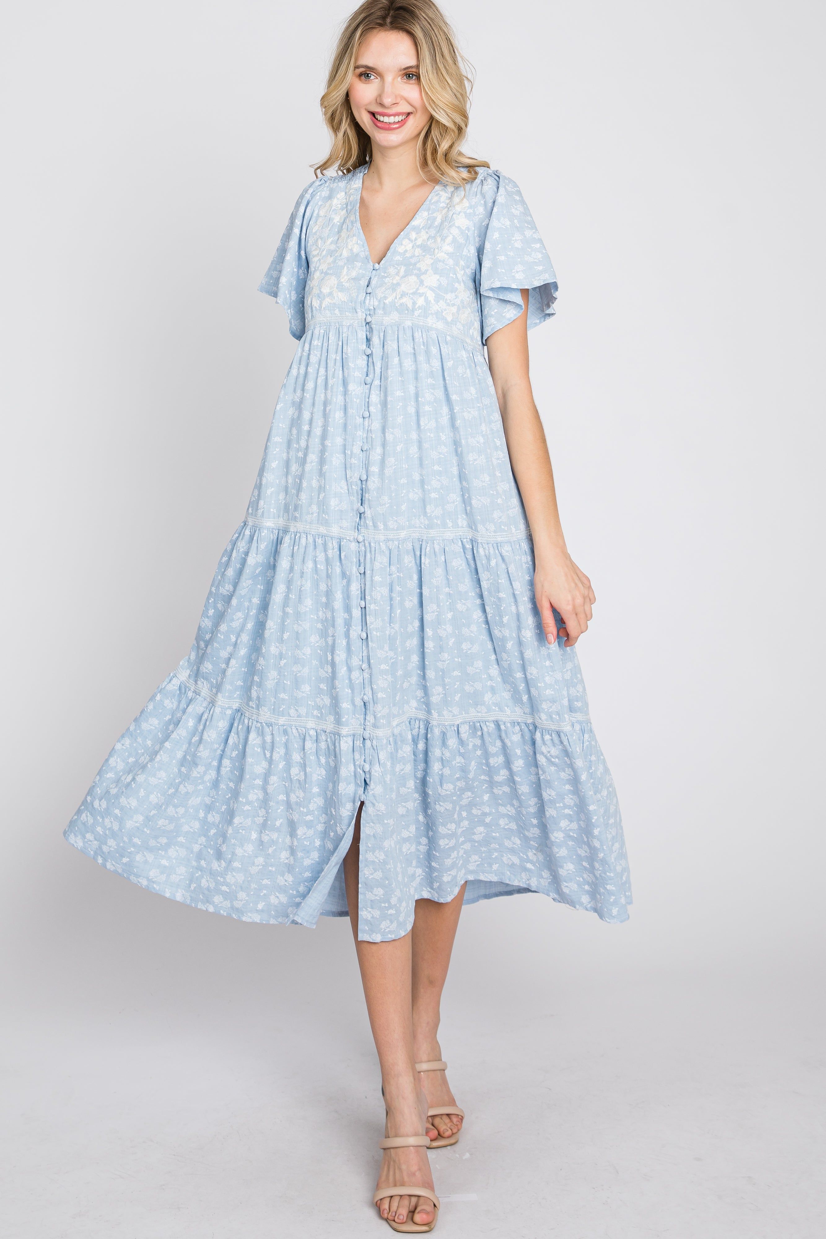 Light Blue Floral Embroidered Button Front Midi Dress sold by Pinkblush product image thumbnail 3