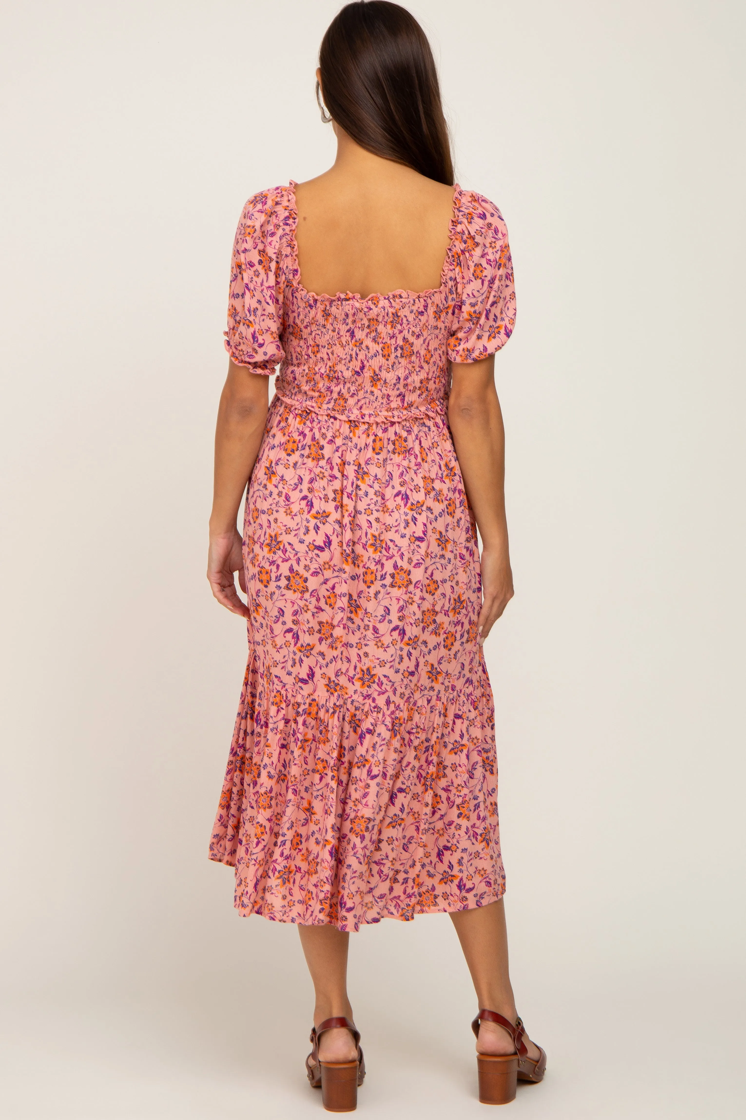 Pink Floral Smocked Maternity Midi Dress sold by Pinkblush product image thumbnail 3