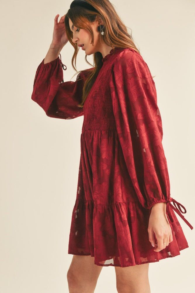 Burgundy Smocked Jacquard Burnout Mini Dress sold by Pinkblush product image thumbnail 3