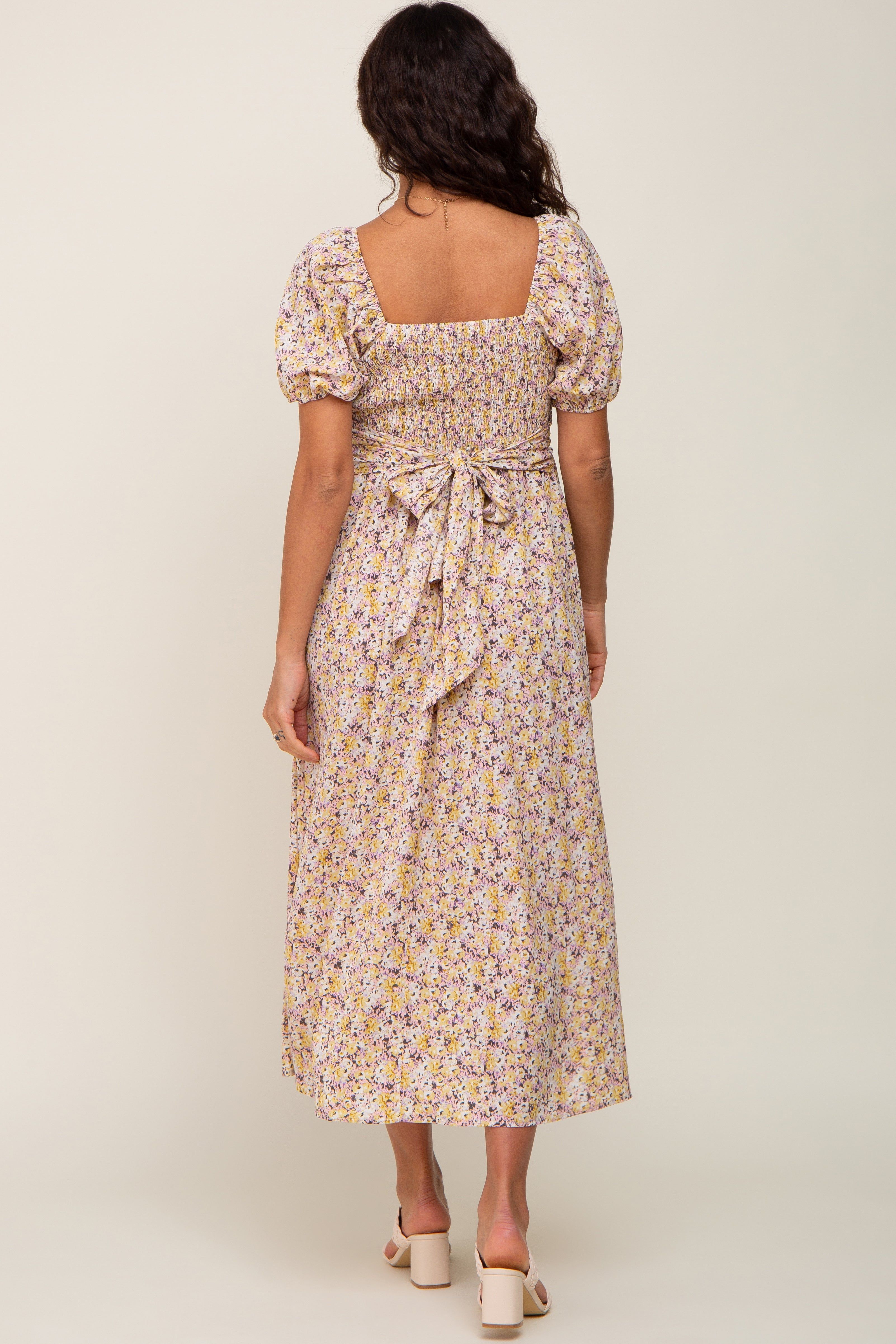 Yellow Abstract Floral Smocked Maternity Midi Dress sold by Pinkblush product image thumbnail 3