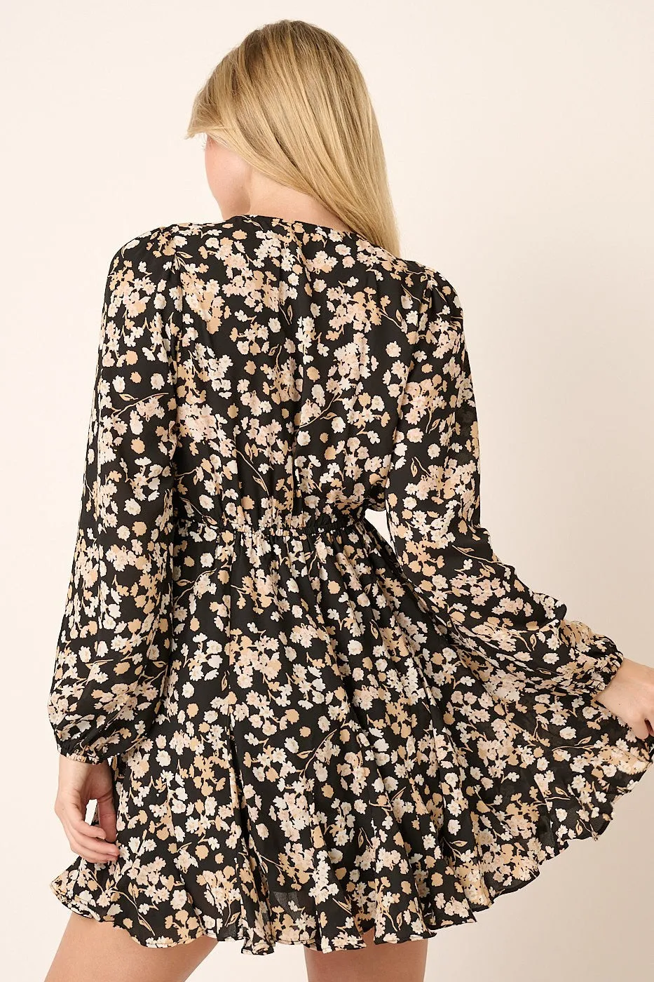 Black Flower Print Surplice Godet Detail Mini Dress sold by Pinkblush product image thumbnail 4