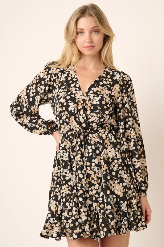 Black Flower Print Surplice Godet Detail Mini Dress sold by Pinkblush