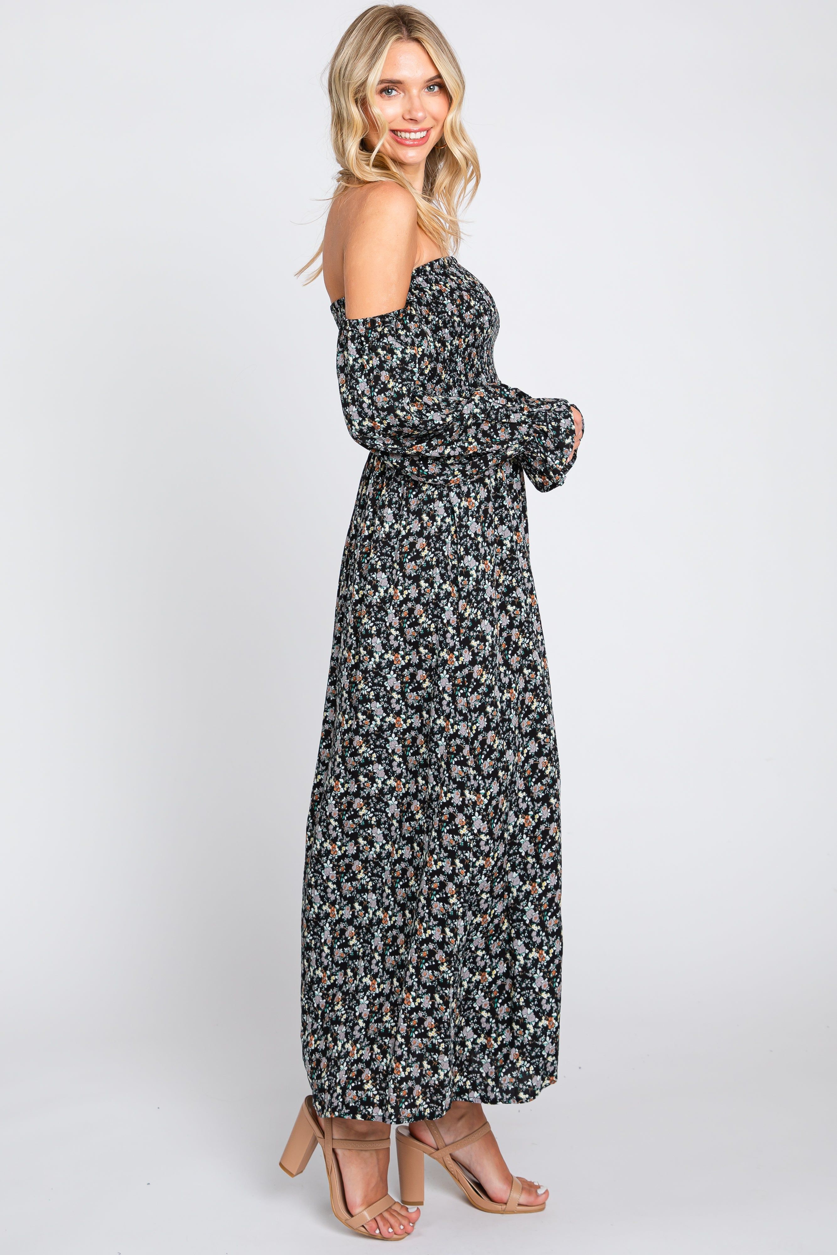 Black Floral Square Neck Smocked Long Sleeve Maxi Dress sold by Pinkblush product image thumbnail 2