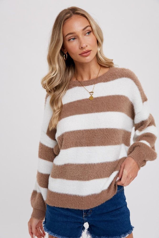 Mocha Fuzzy Soft Striped Sweater sold by Pinkblush