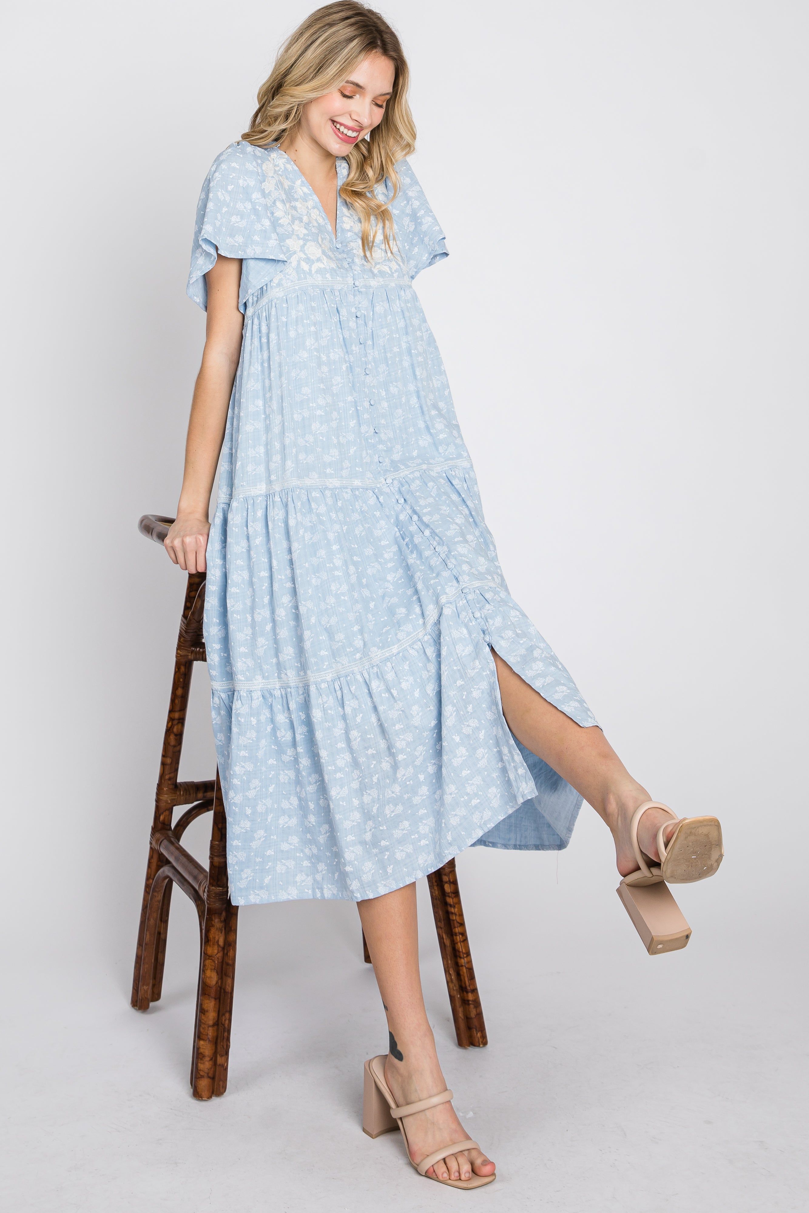 Light Blue Floral Embroidered Button Front Midi Dress sold by Pinkblush