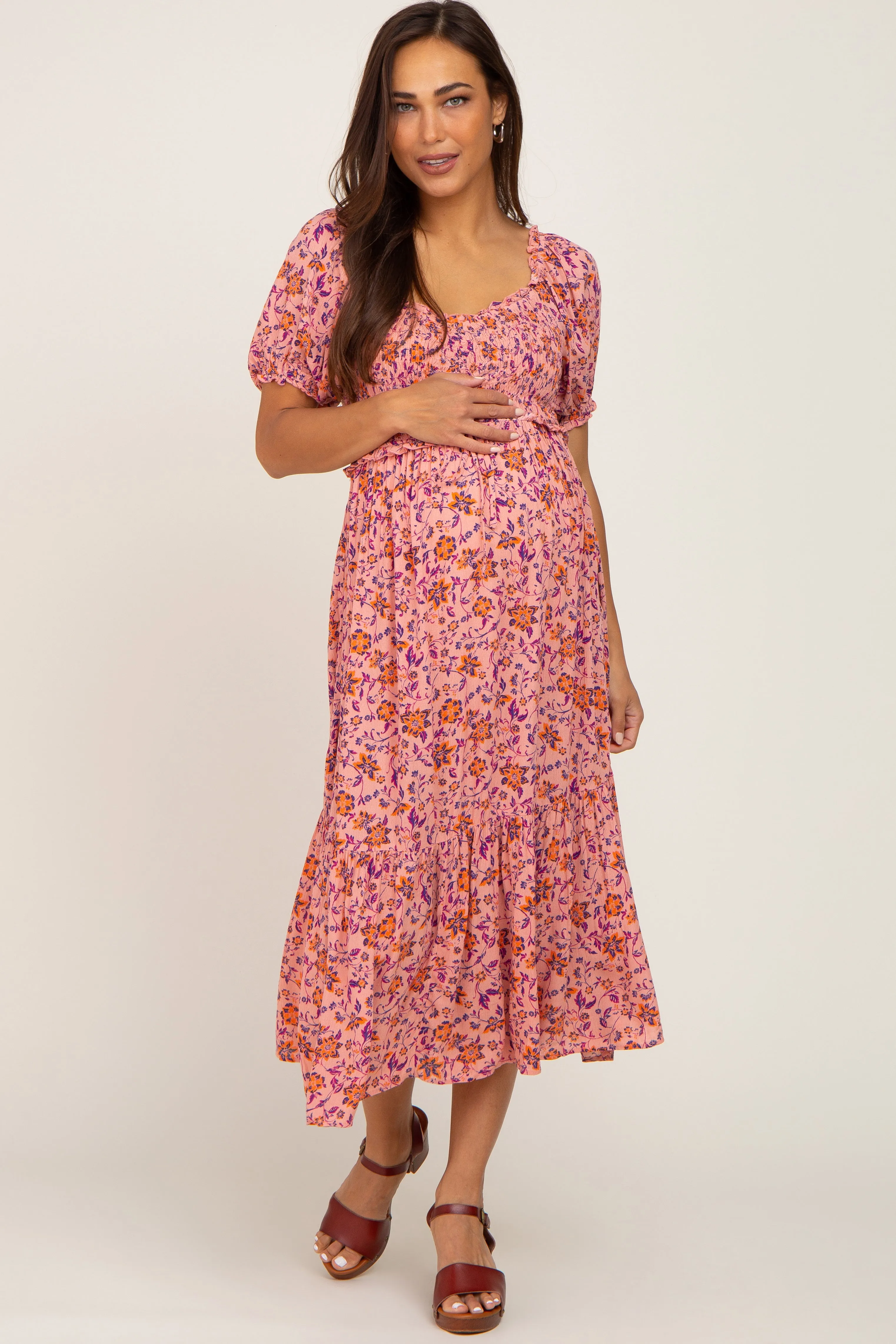 Pink Floral Smocked Maternity Midi Dress sold by Pinkblush