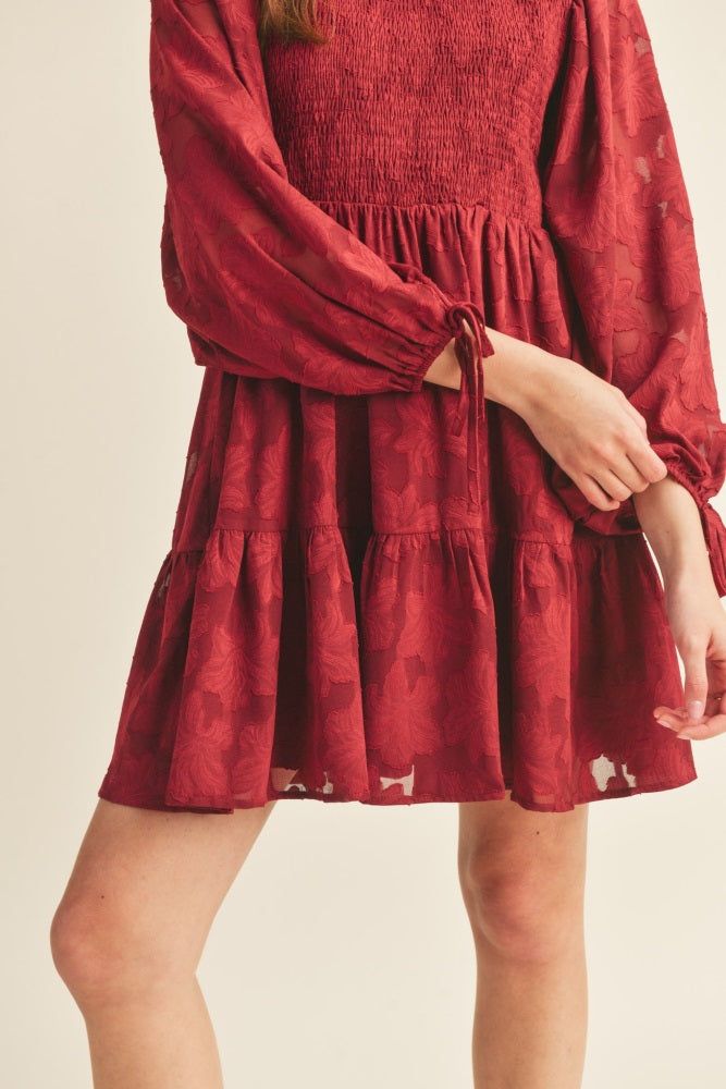 Burgundy Smocked Jacquard Burnout Mini Dress sold by Pinkblush product image thumbnail 4