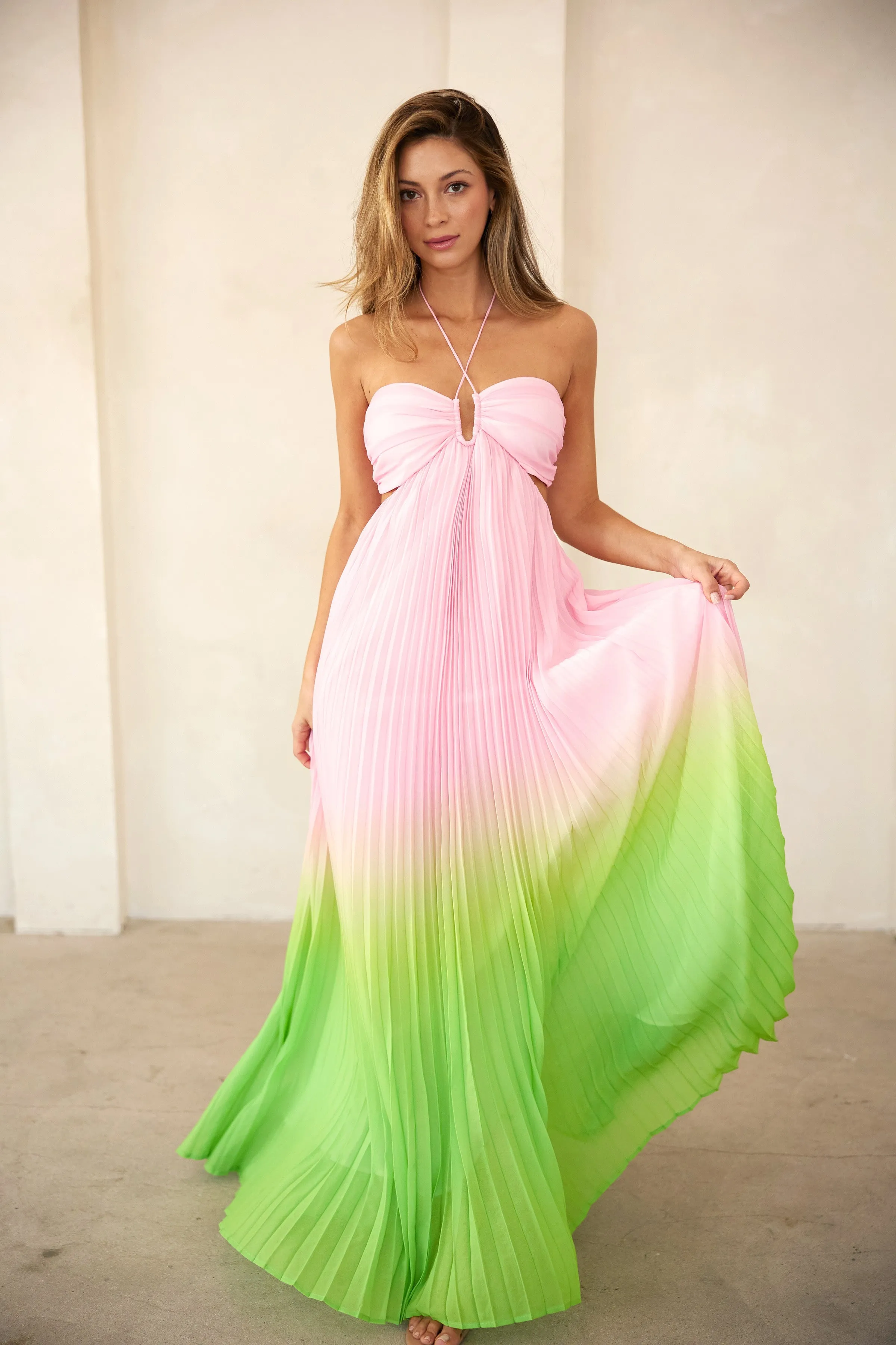 Light Pink Ombre Pleated Halter Cutout Maxi Dress sold by Pinkblush