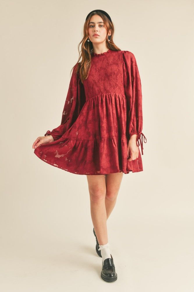 Burgundy Smocked Jacquard Burnout Mini Dress sold by Pinkblush