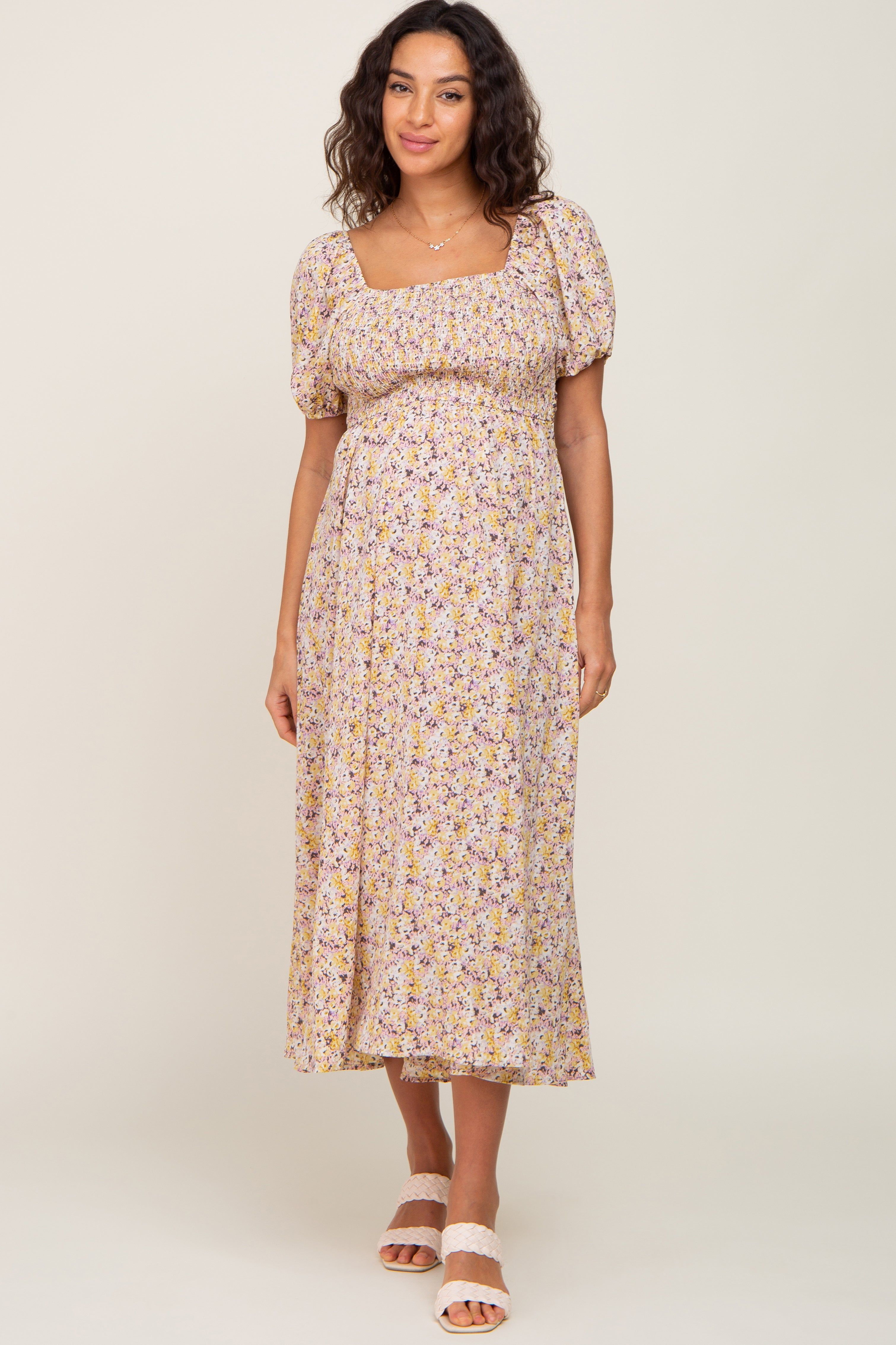 Yellow Abstract Floral Smocked Maternity Midi Dress sold by Pinkblush product image thumbnail 4