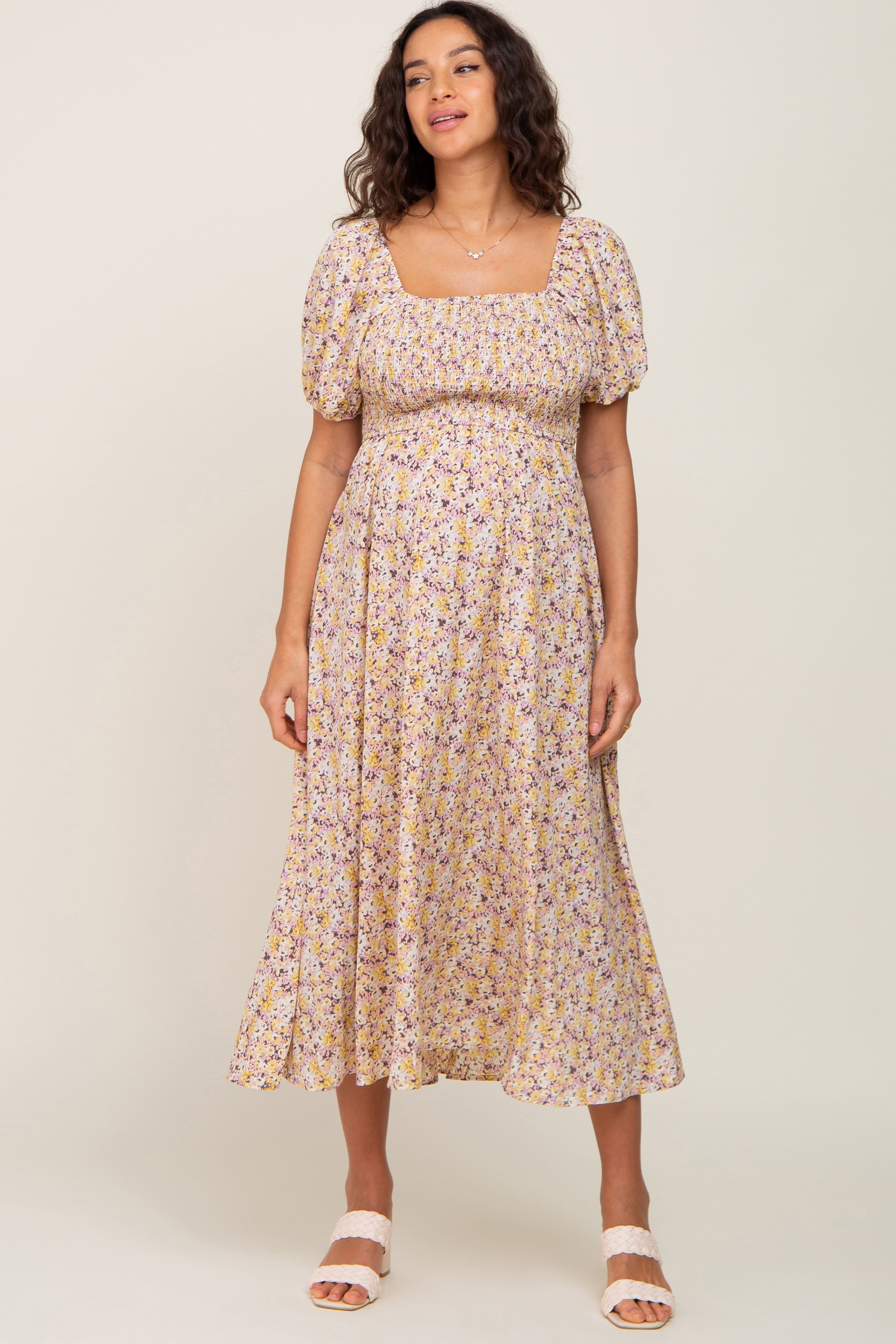 Yellow Abstract Floral Smocked Maternity Midi Dress sold by Pinkblush