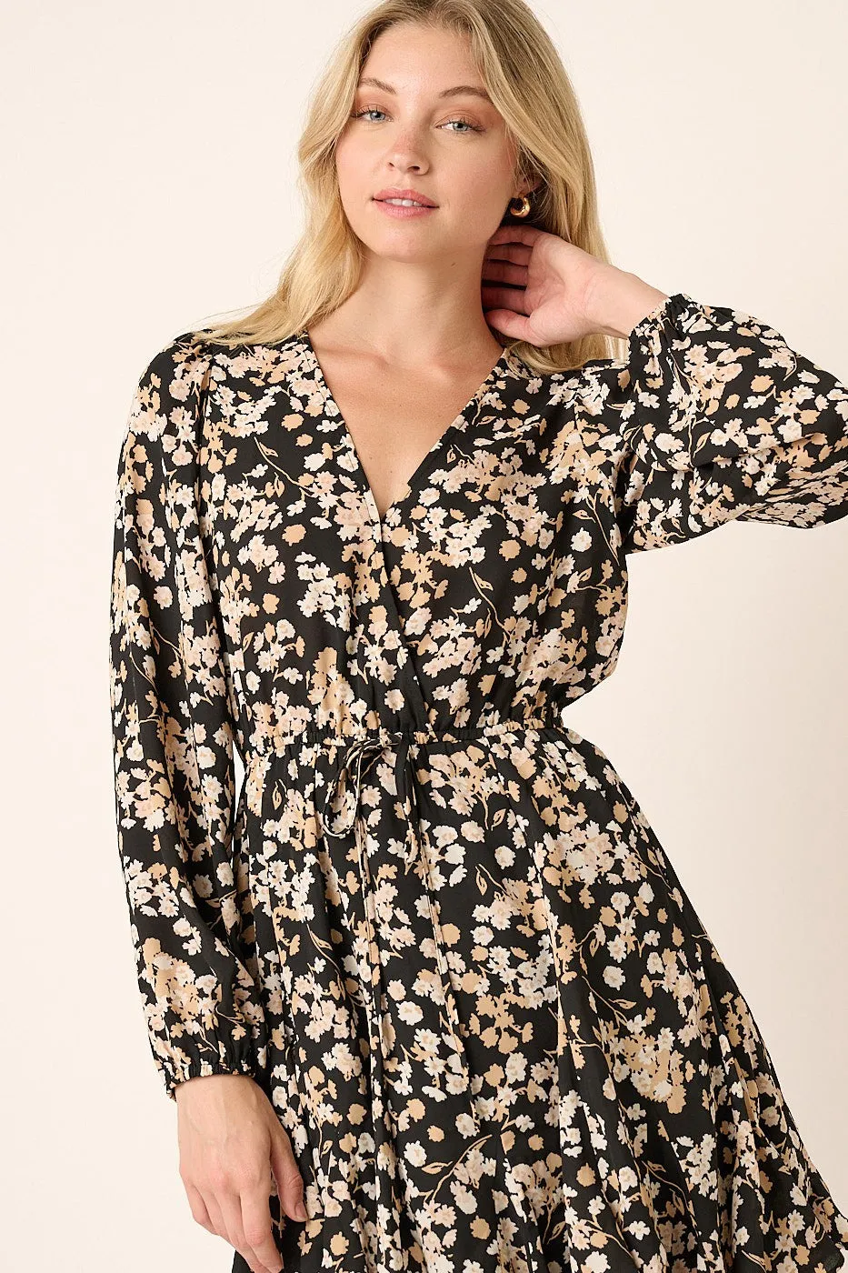 Black Flower Print Surplice Godet Detail Mini Dress sold by Pinkblush product image thumbnail 5
