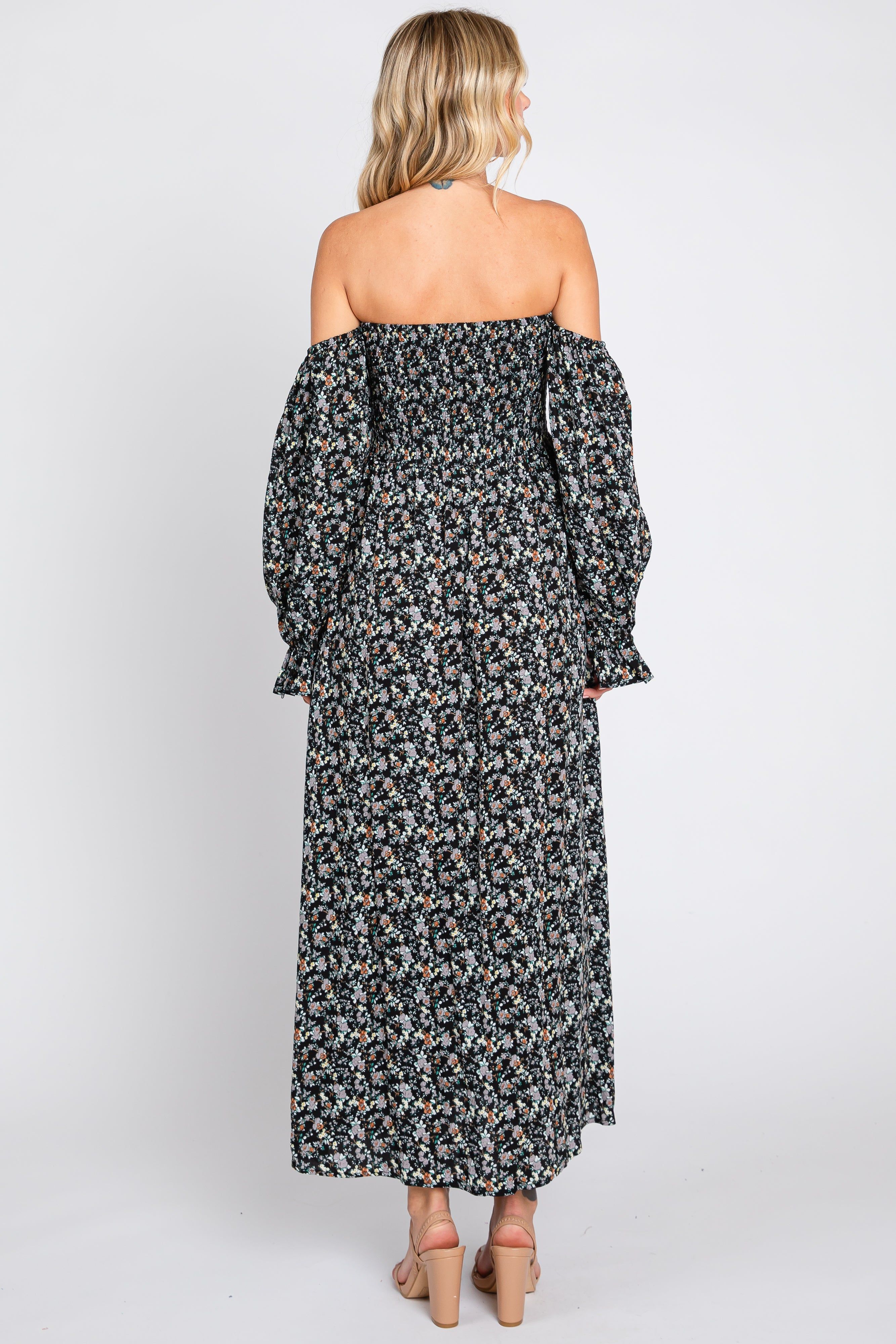 Black Floral Square Neck Smocked Long Sleeve Maxi Dress sold by Pinkblush product image thumbnail 3