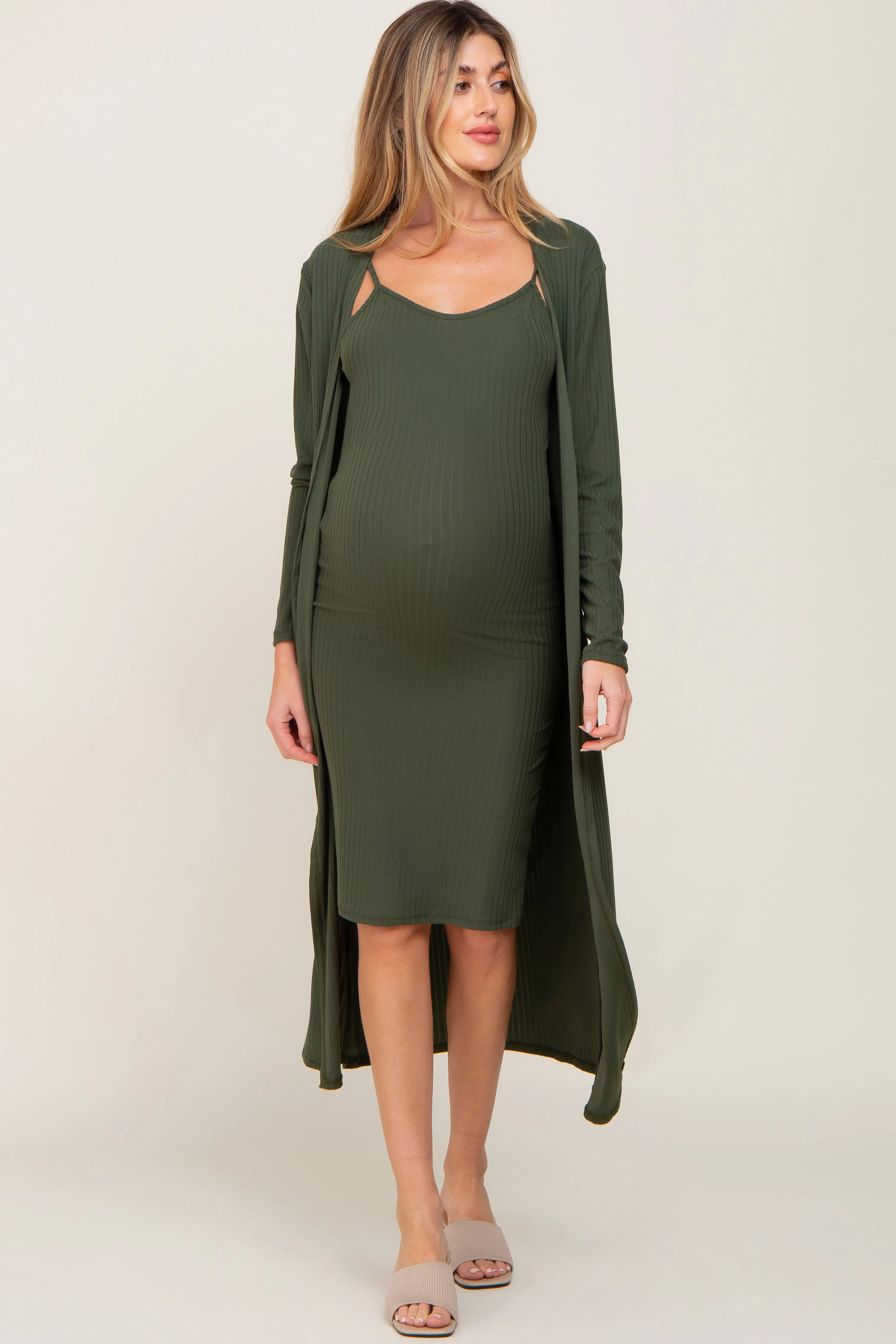 Olive Ribbed Cardigan 2 Piece Maternity Set sold by Pinkblush product image thumbnail 5