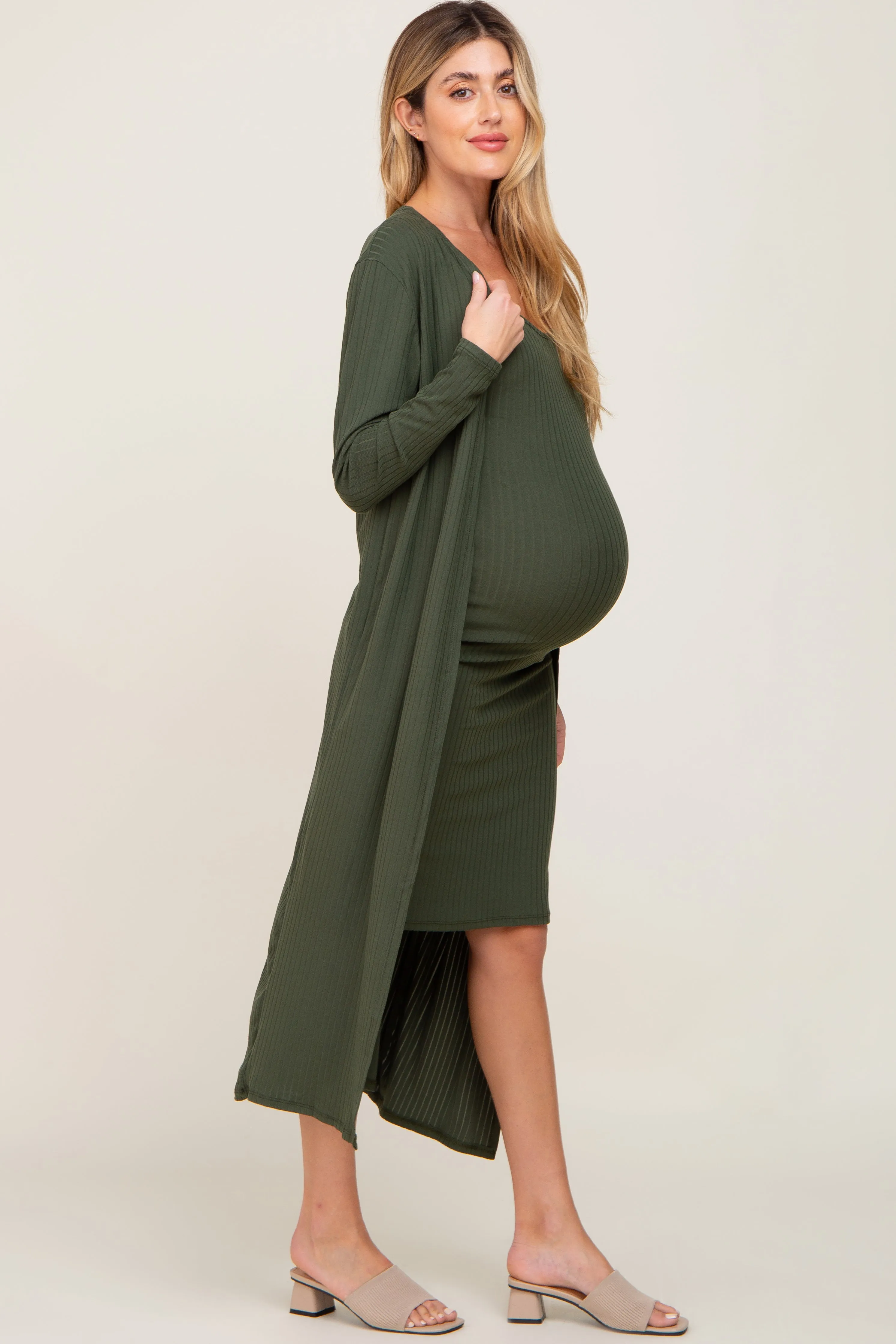 Olive Ribbed Cardigan 2 Piece Maternity Set sold by Pinkblush product image thumbnail 2