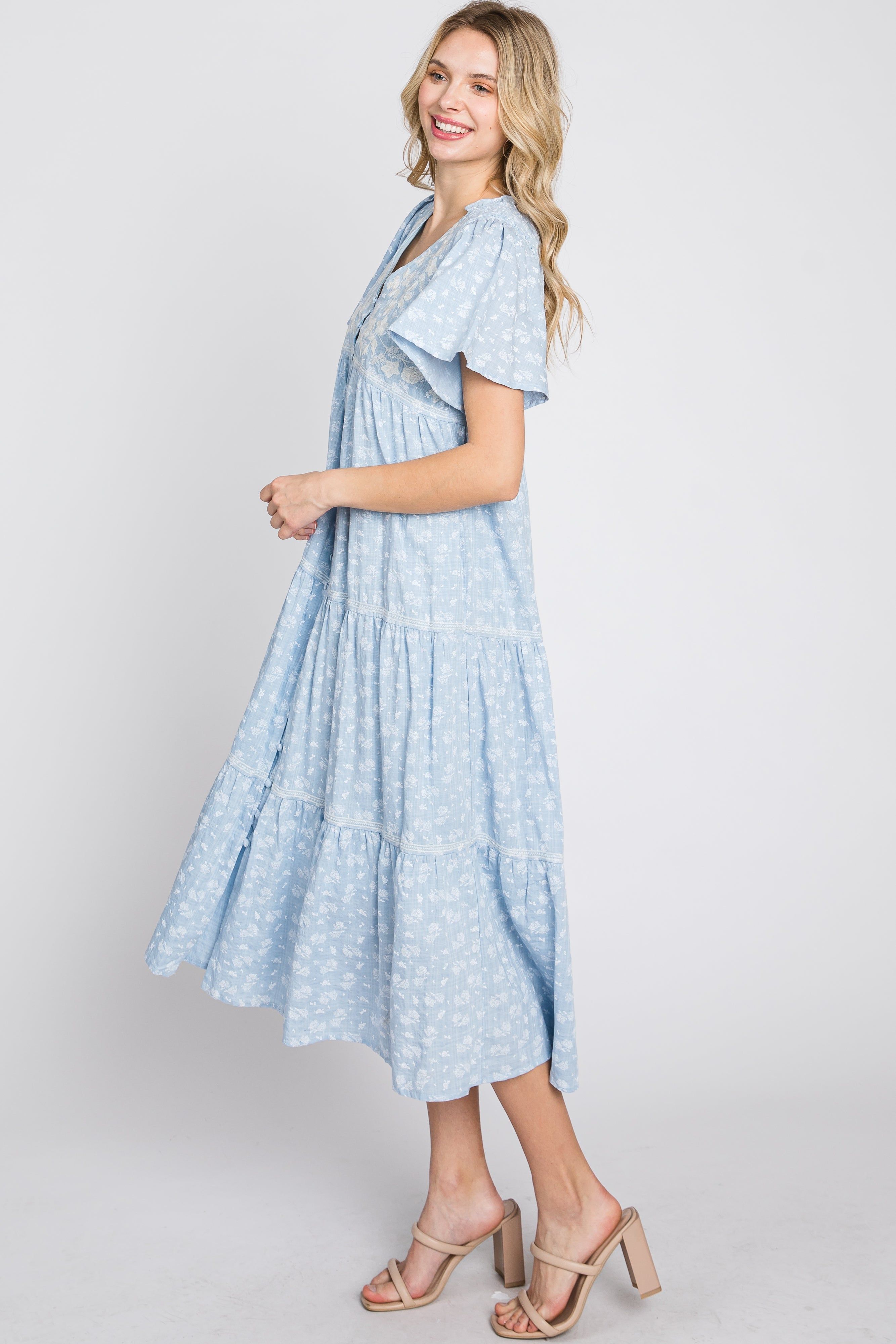 Light Blue Floral Embroidered Button Front Midi Dress sold by Pinkblush product image thumbnail 5