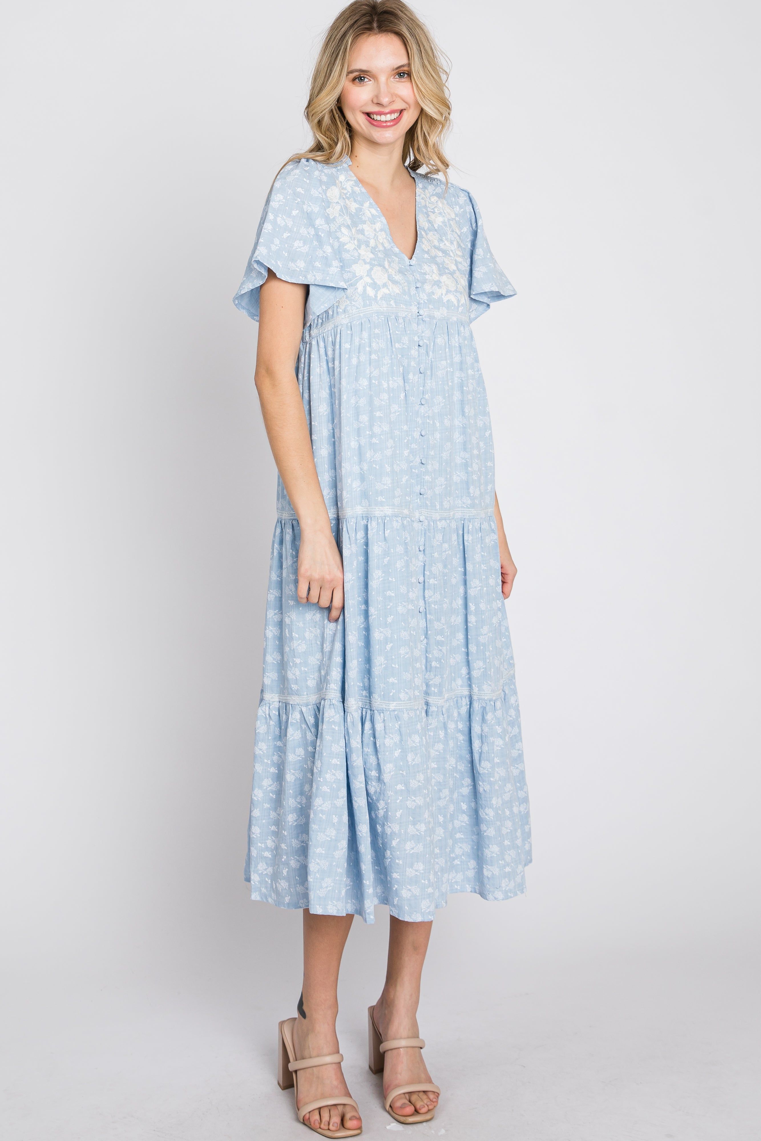 Light Blue Floral Embroidered Button Front Midi Dress sold by Pinkblush product image thumbnail 2