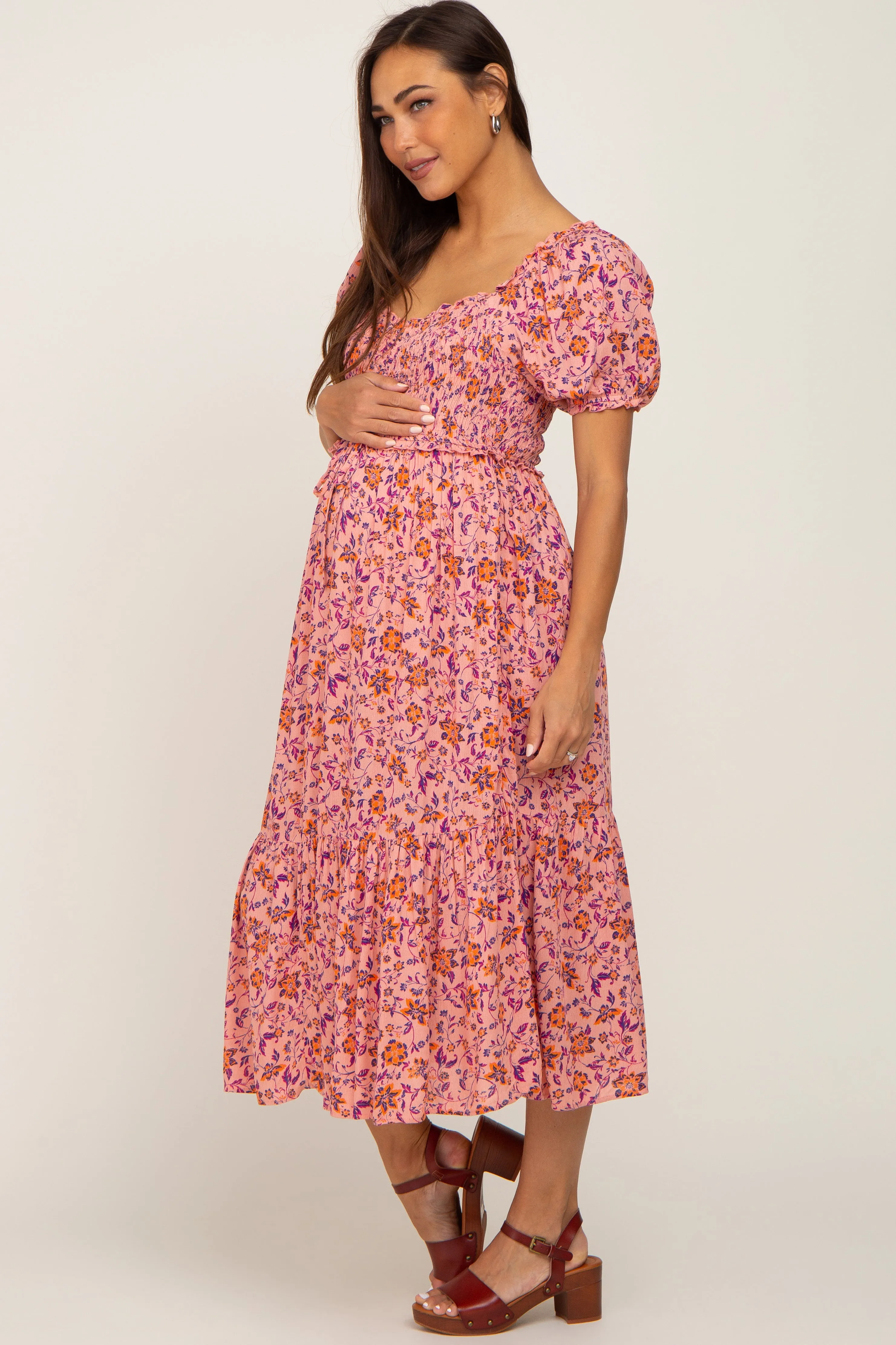 Pink Floral Smocked Maternity Midi Dress sold by Pinkblush product image thumbnail 2