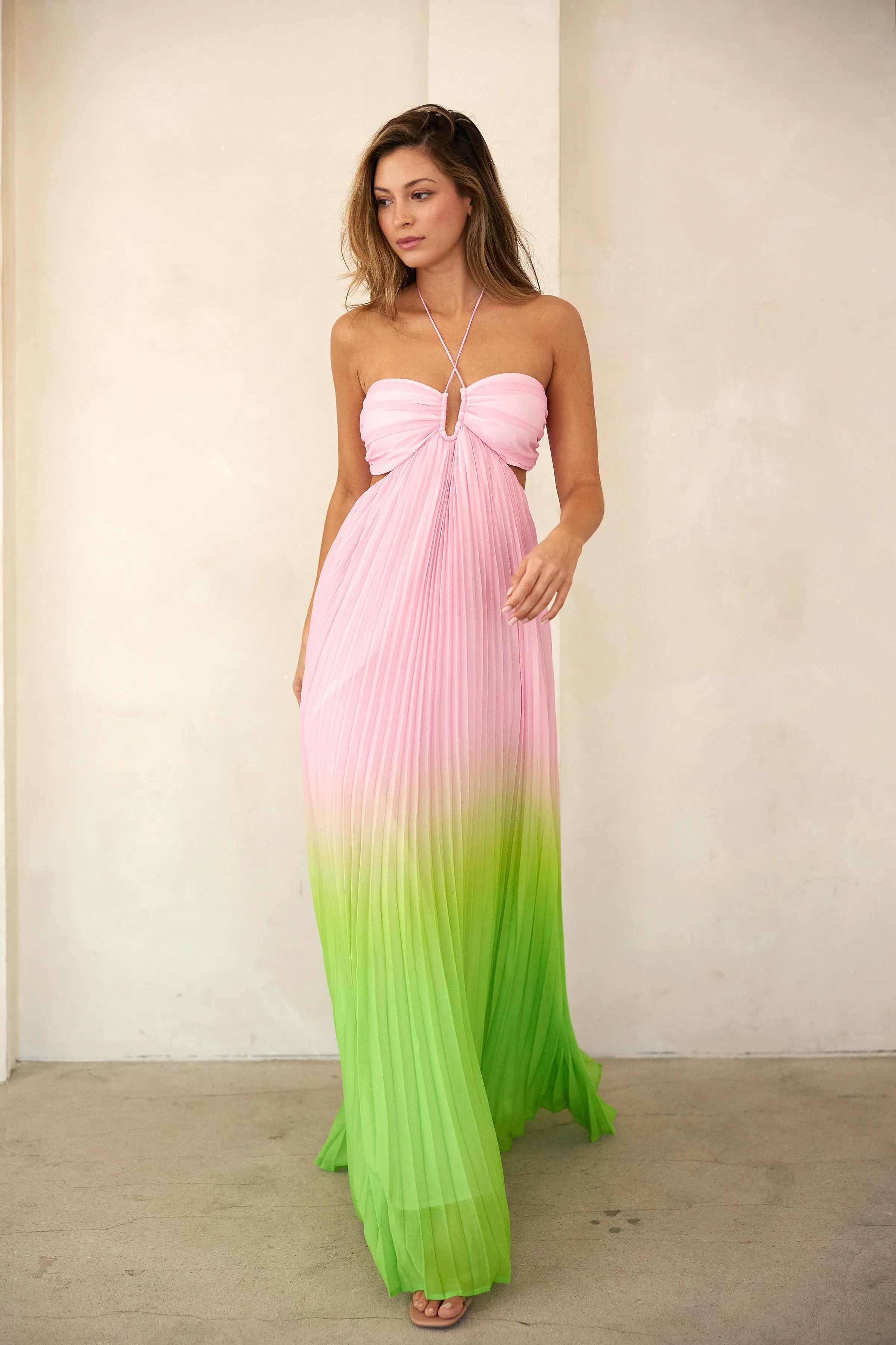 Light Pink Ombre Pleated Halter Cutout Maxi Dress sold by Pinkblush product image thumbnail 2