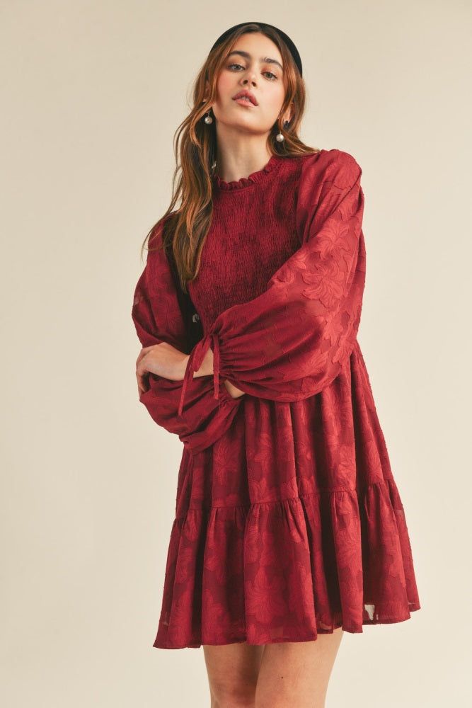 Burgundy Smocked Jacquard Burnout Mini Dress sold by Pinkblush product image thumbnail 2