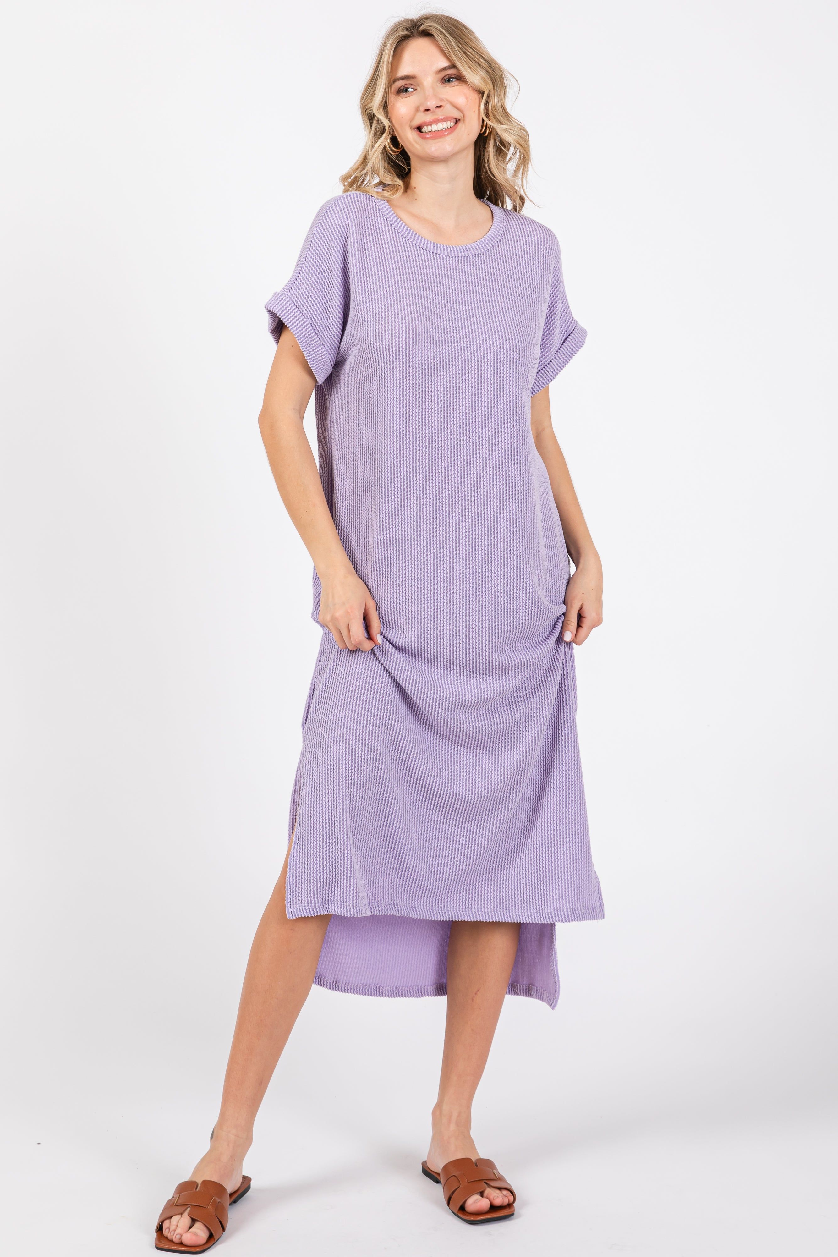Lavender Ribbed Short Sleeve Midi Dress sold by Pinkblush