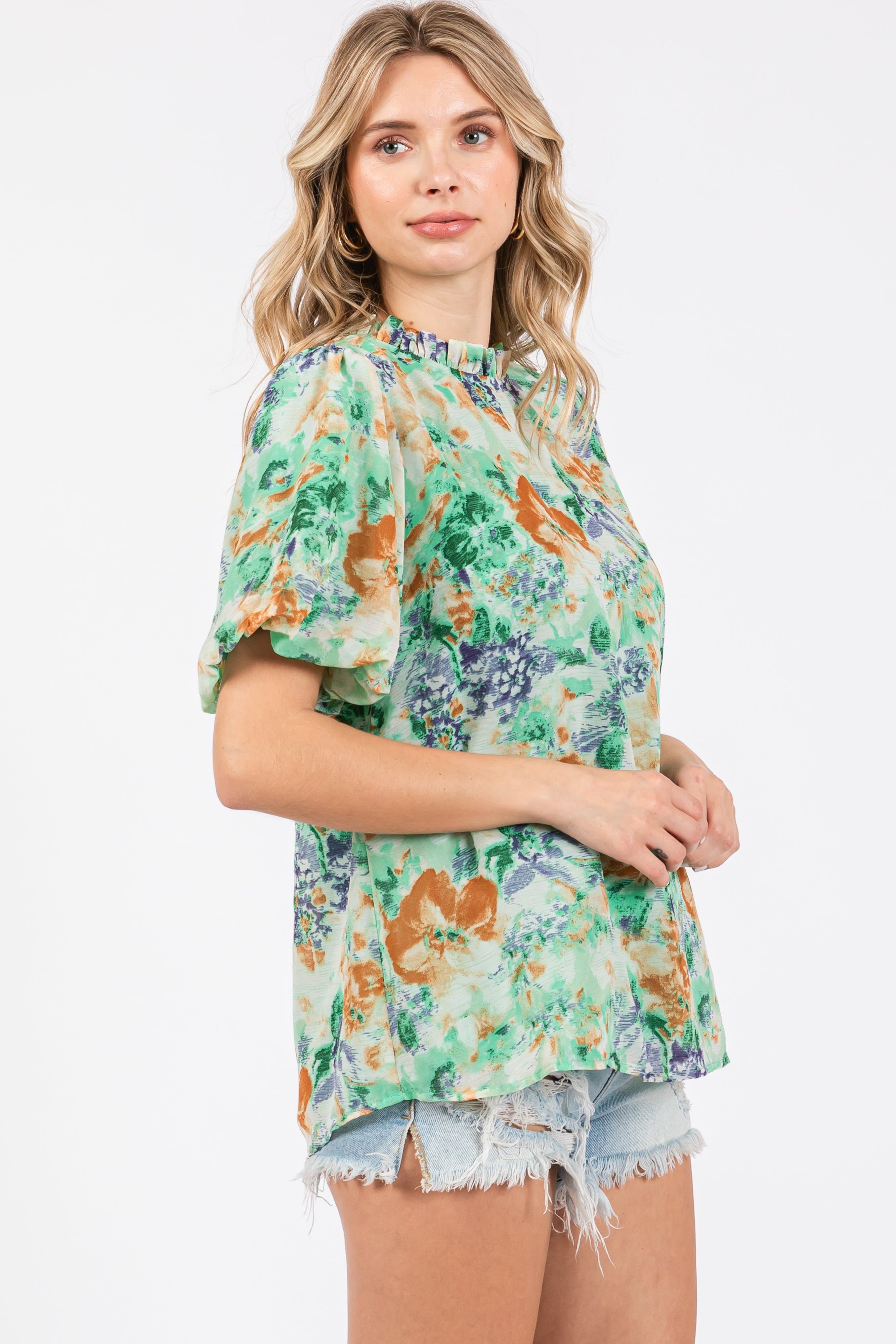 Green Floral Puff Sleeve Blouse sold by Pinkblush product image thumbnail 2