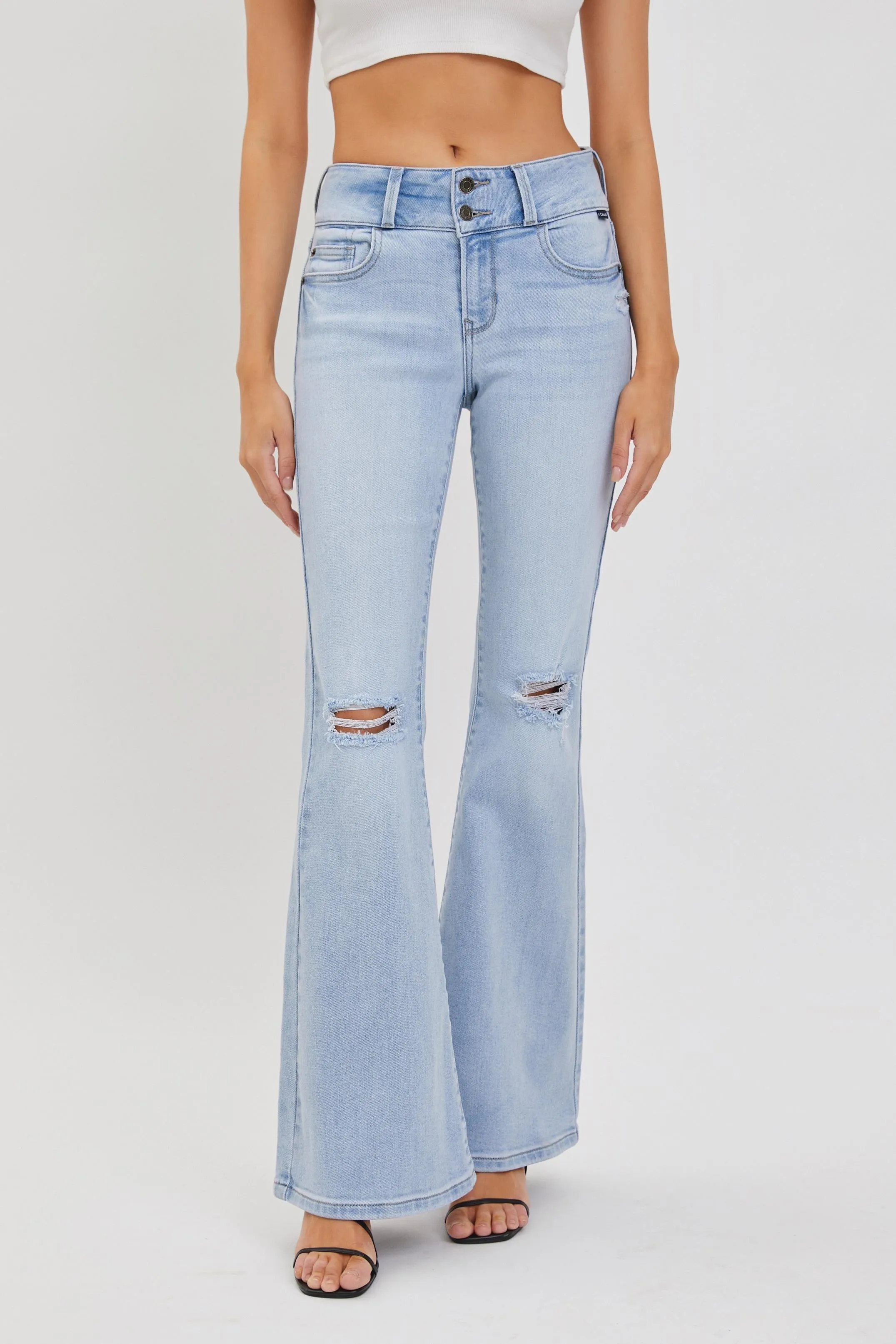 Light Denim 2 Button Mid Rise Flare sold by Pinkblush product image thumbnail 2