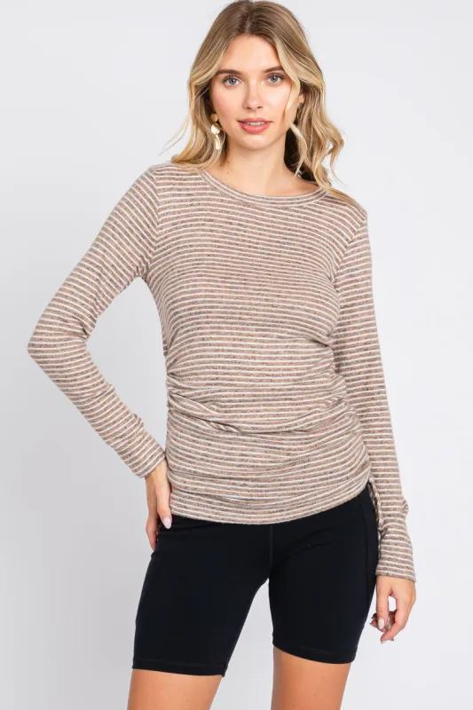 Taupe Striped Brushed Knit Ruched Top sold by Pinkblush
