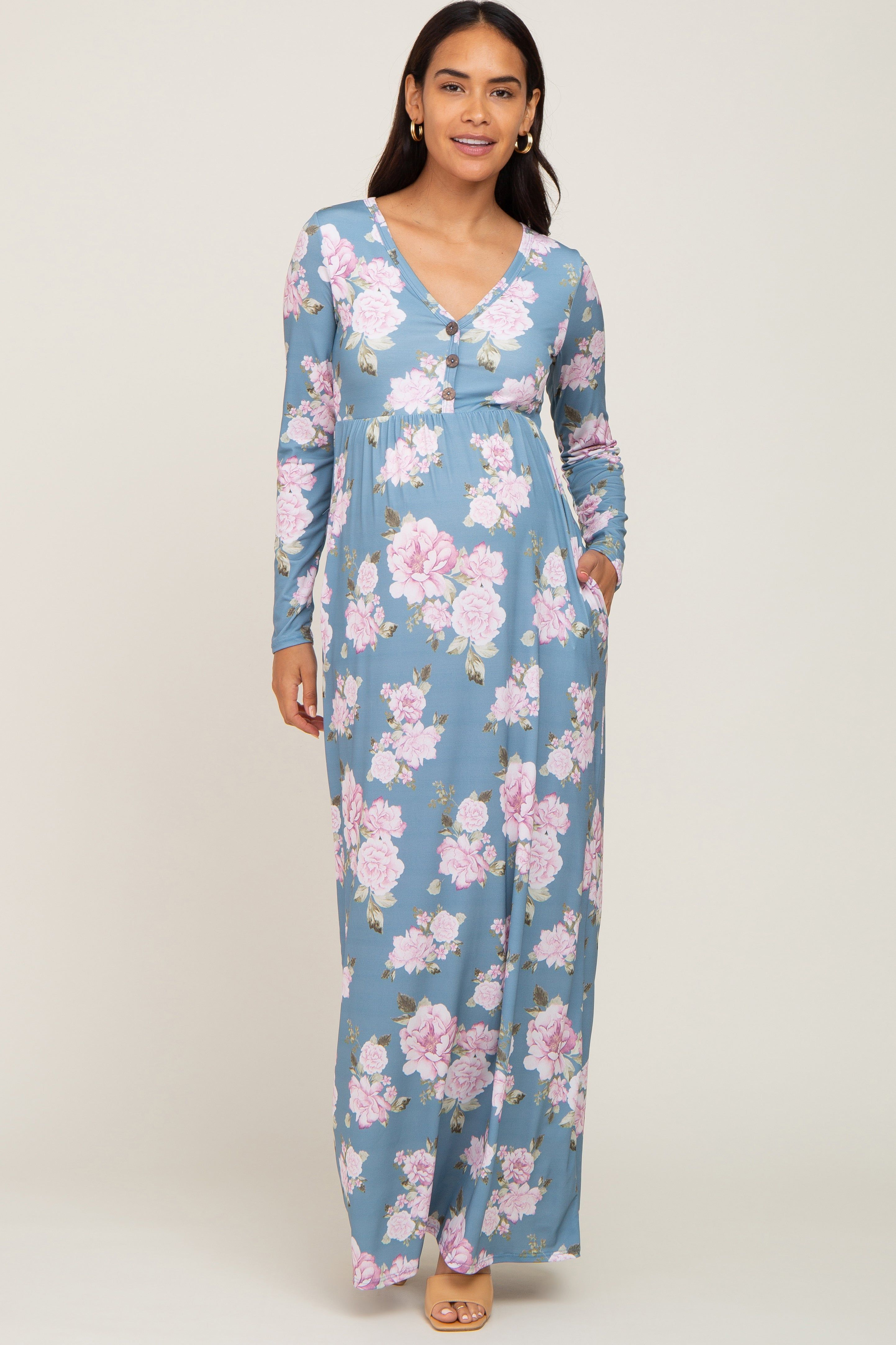 Blue Floral Button Front Maternity Maxi Dress sold by Pinkblush product image thumbnail 4