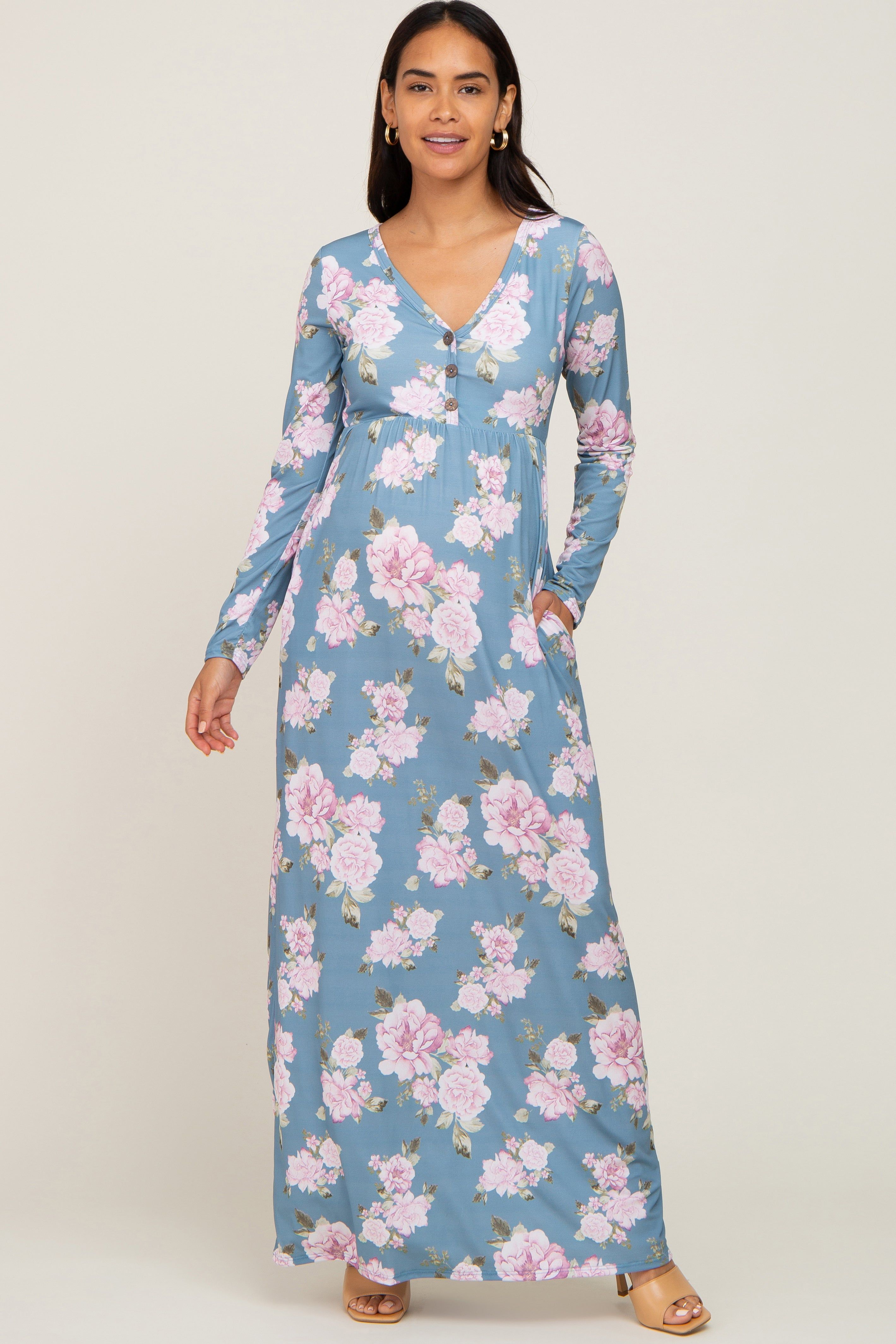Blue Floral Button Front Maternity Maxi Dress sold by Pinkblush