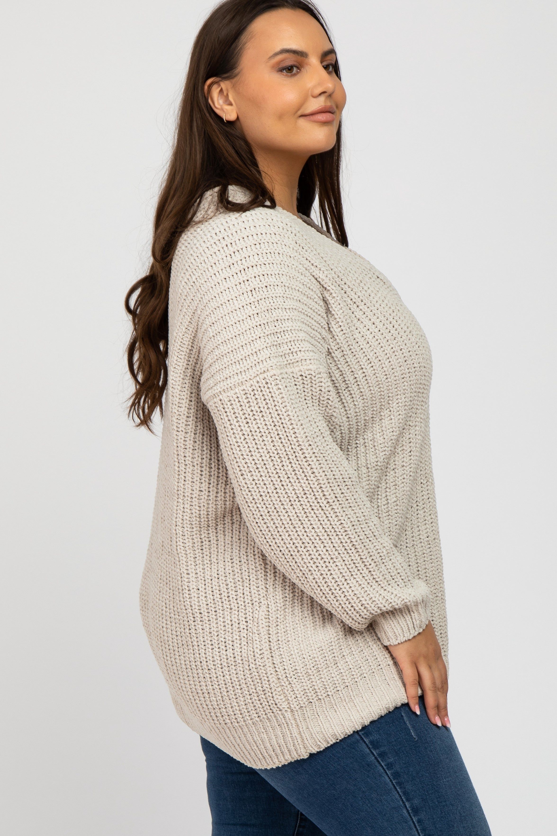 Beige Chenille Knit V-Neck Plus Sweater sold by Pinkblush product image thumbnail 2