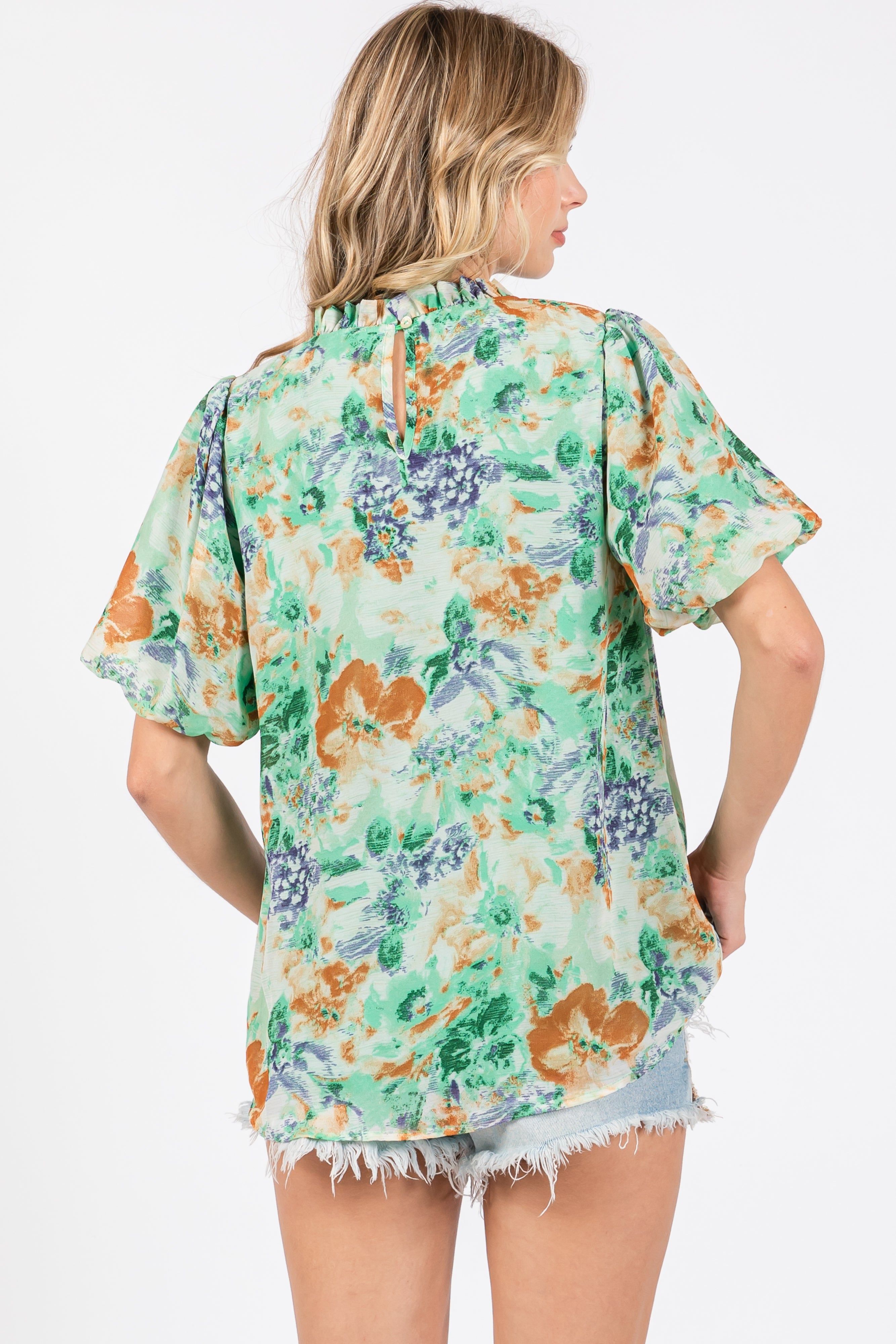Green Floral Puff Sleeve Blouse sold by Pinkblush product image thumbnail 3