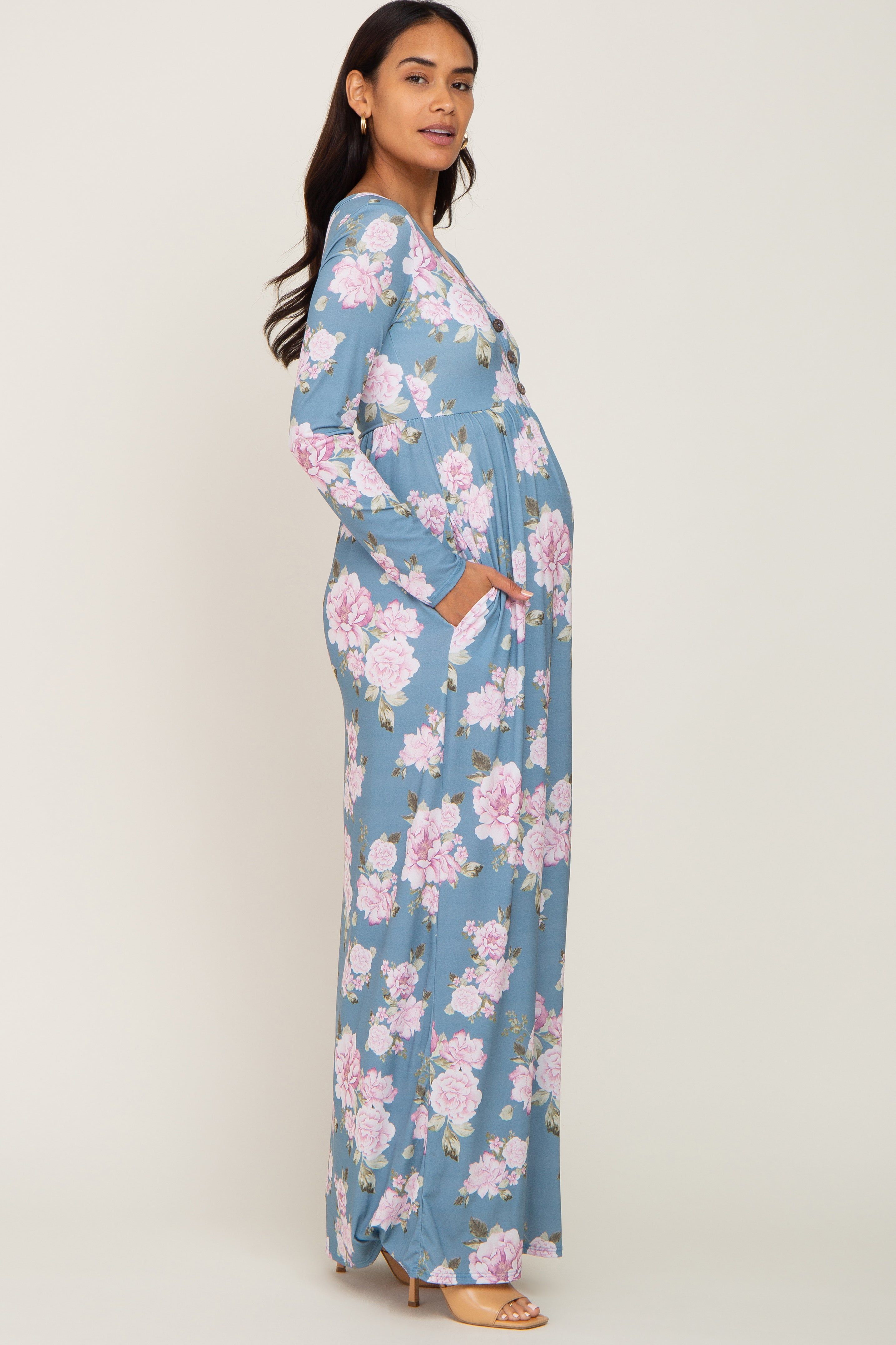 Blue Floral Button Front Maternity Maxi Dress sold by Pinkblush product image thumbnail 2
