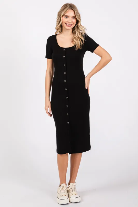 Black Ribbed Front Button Accent Short Sleeve Midi Dress sold by Pinkblush