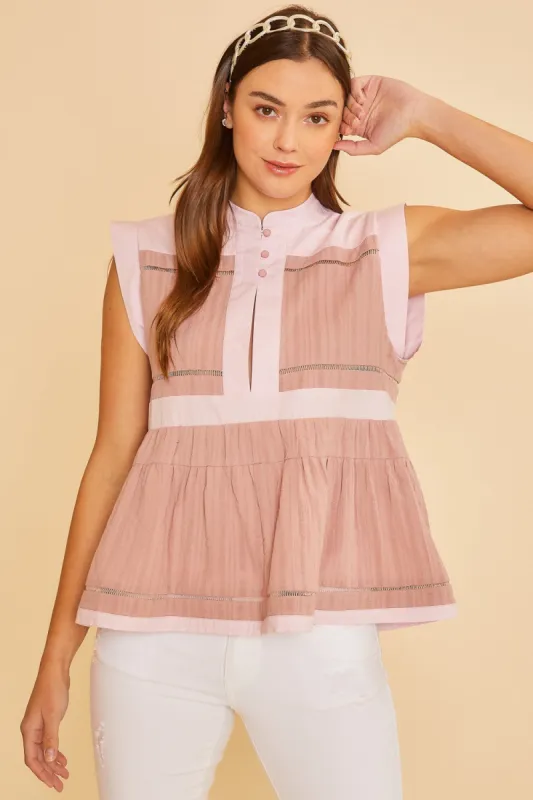 Pink Combo Contrast Trim Detail Button Front Woven Blouse Top sold by Pinkblush