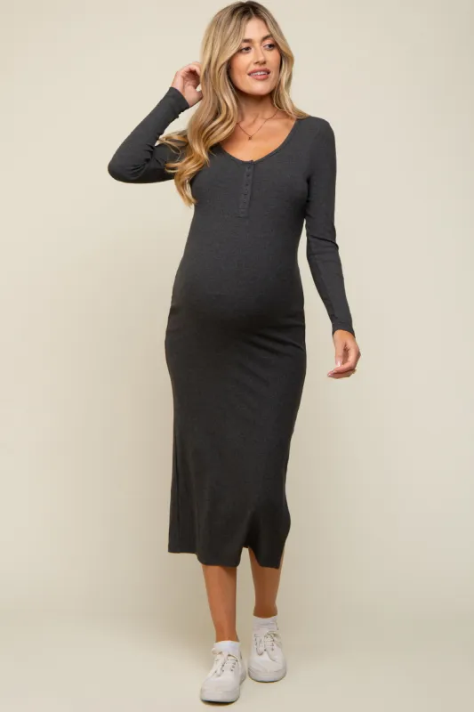 Charcoal Ribbed Front Button Long Sleeve Maternity Midi Dress sold by Pinkblush